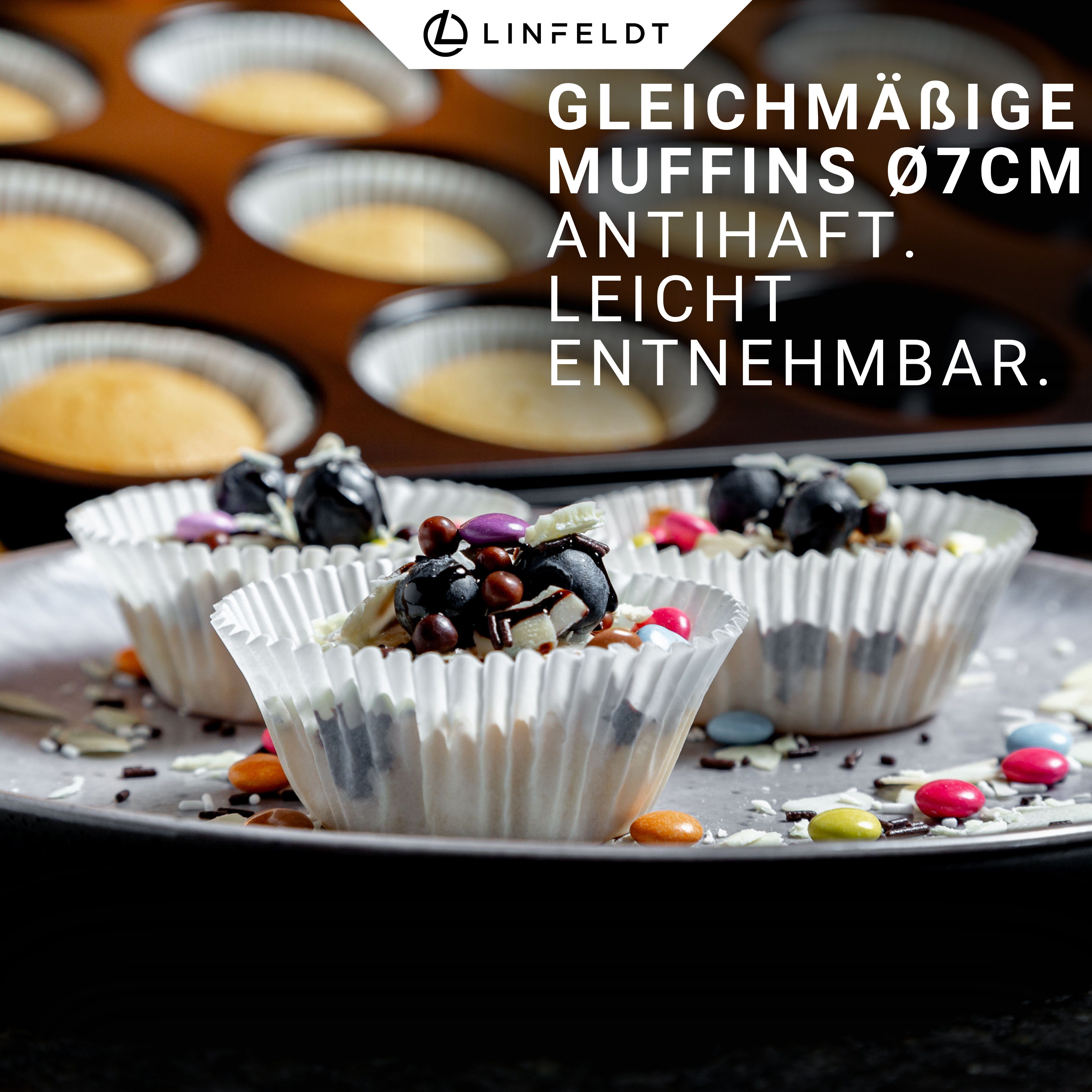 LINFELDT Muffinform 12er Backform Antihaftbeschichtet ⌀ 7cm Breite Muffins 34,5x26x3,5cm, Teflon - Beschichtung