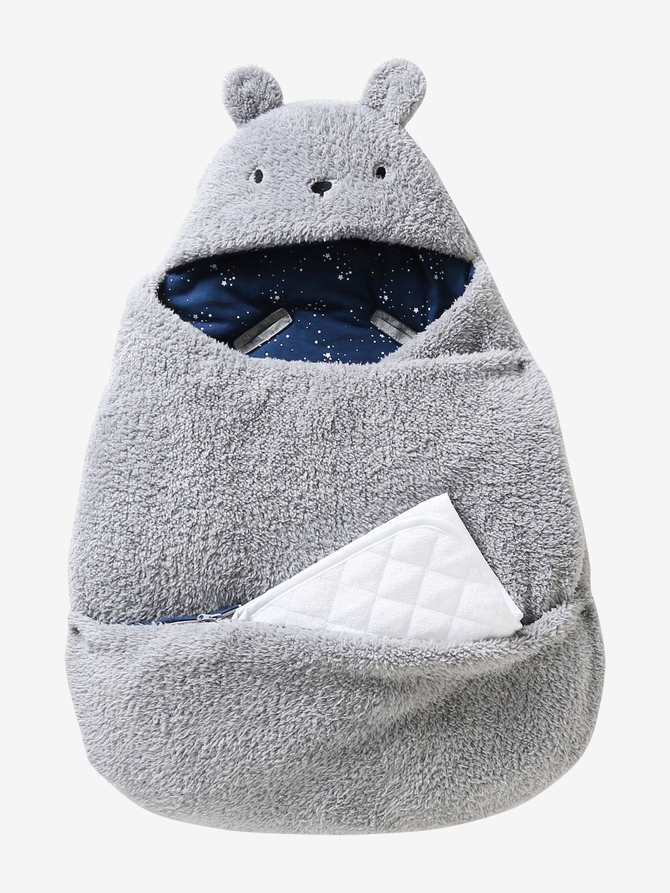 Vertbaudet 2-in-1 Baby Ausfahrsack/Wickelunterlage, Plüsch Oeko-Tex - grau/nachtblau polarstern