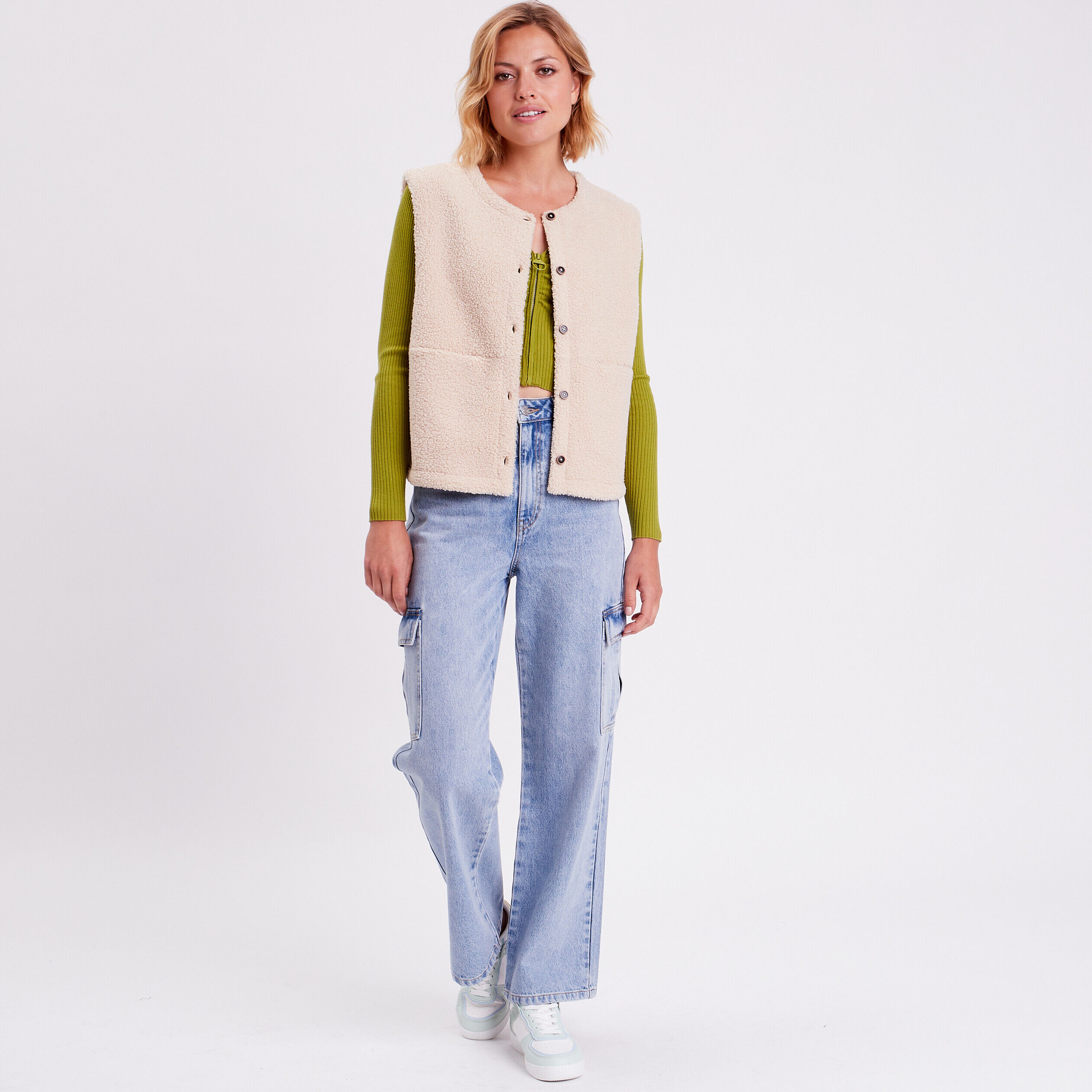 Gilet crop top côtelé zippé vert kaki femme | Cache Cache