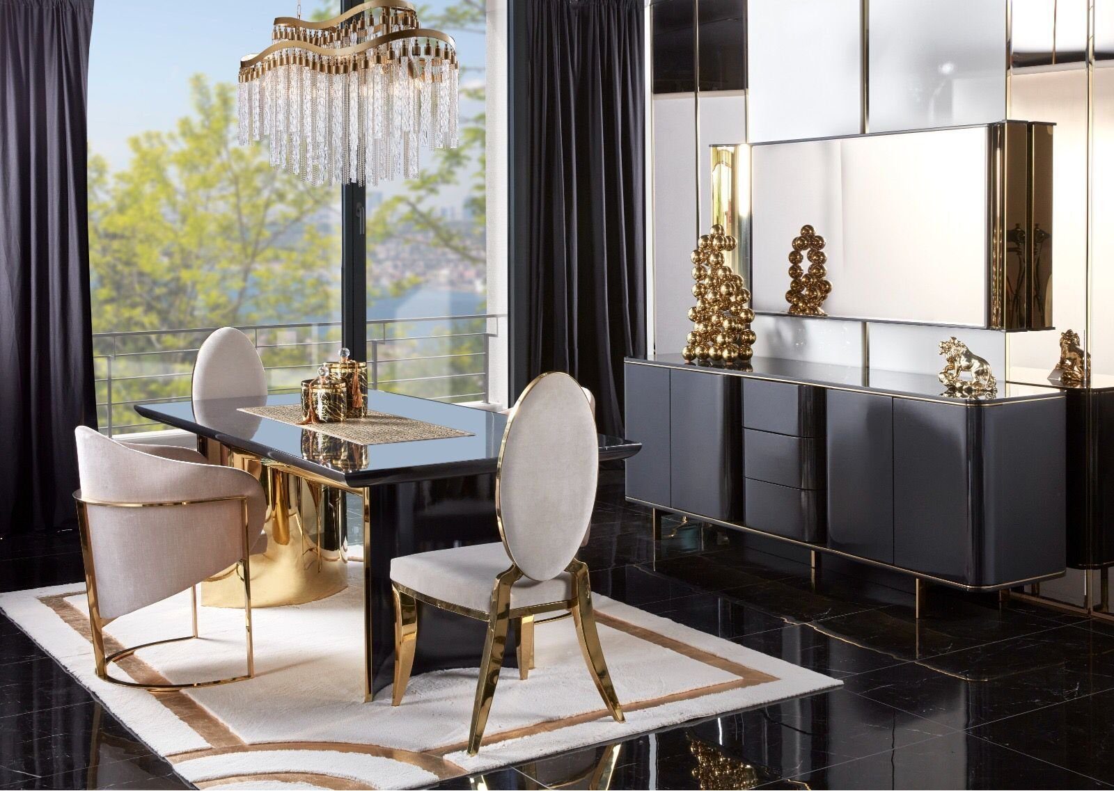 JVmoebel Esszimmer-Set Esszimmer Tisch Esstisch 4x Stuhl Garnitur Tische Stühle Anrichte Set, (7-St., 4х Stühle, Spiegel, Tisch, Anrichte), Made in Europa