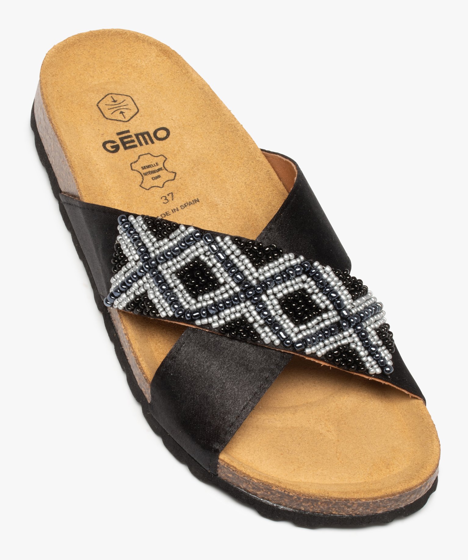 Mules femme avec brides croisées et perles de rocaille noir | GEMO