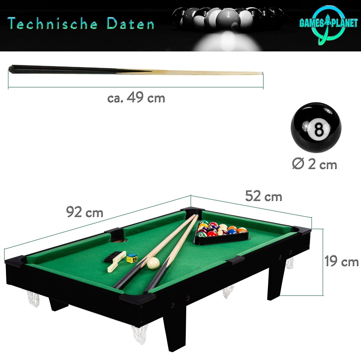 GAMES PLANET Billardtisch Mini Pool Billardtisch Micro inkl. Zubehör, (2 Queues, Kugeln, Dreieck, Kreide, Bürste), 3 Dekore, Maße:92x52x19cm
