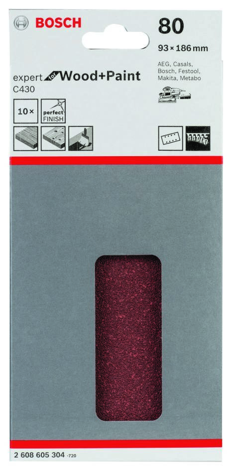 Bosch Blue Accessories 2608605304 Φύλλο λείανσης C430 Expert για ξύλο και βαφή 93x186mm Κόκκωση 80 10 τεμάχια
