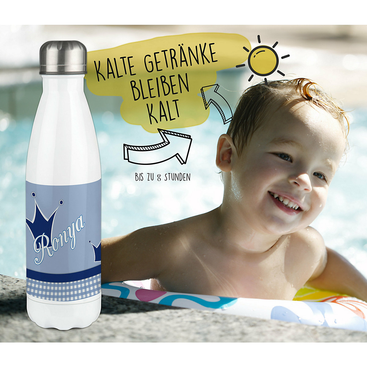 Edelstahl Kinder Thermoflasche / Trinkflasche bunt Krone Farbe blau Spülmaschinenfest, Auslaufsicher, Bruchfest, Doppelwandig, Für Heißgetränke geeignet, Mit Deckel, Isoliert