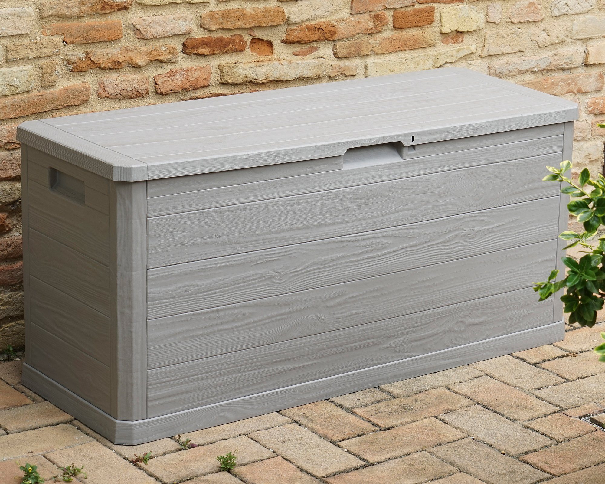 ONDIS24 Kissenbox Auflagenbox Gartentruhe Terrassenbox Madera, in Holzoptik warmgrau rollbar 280L