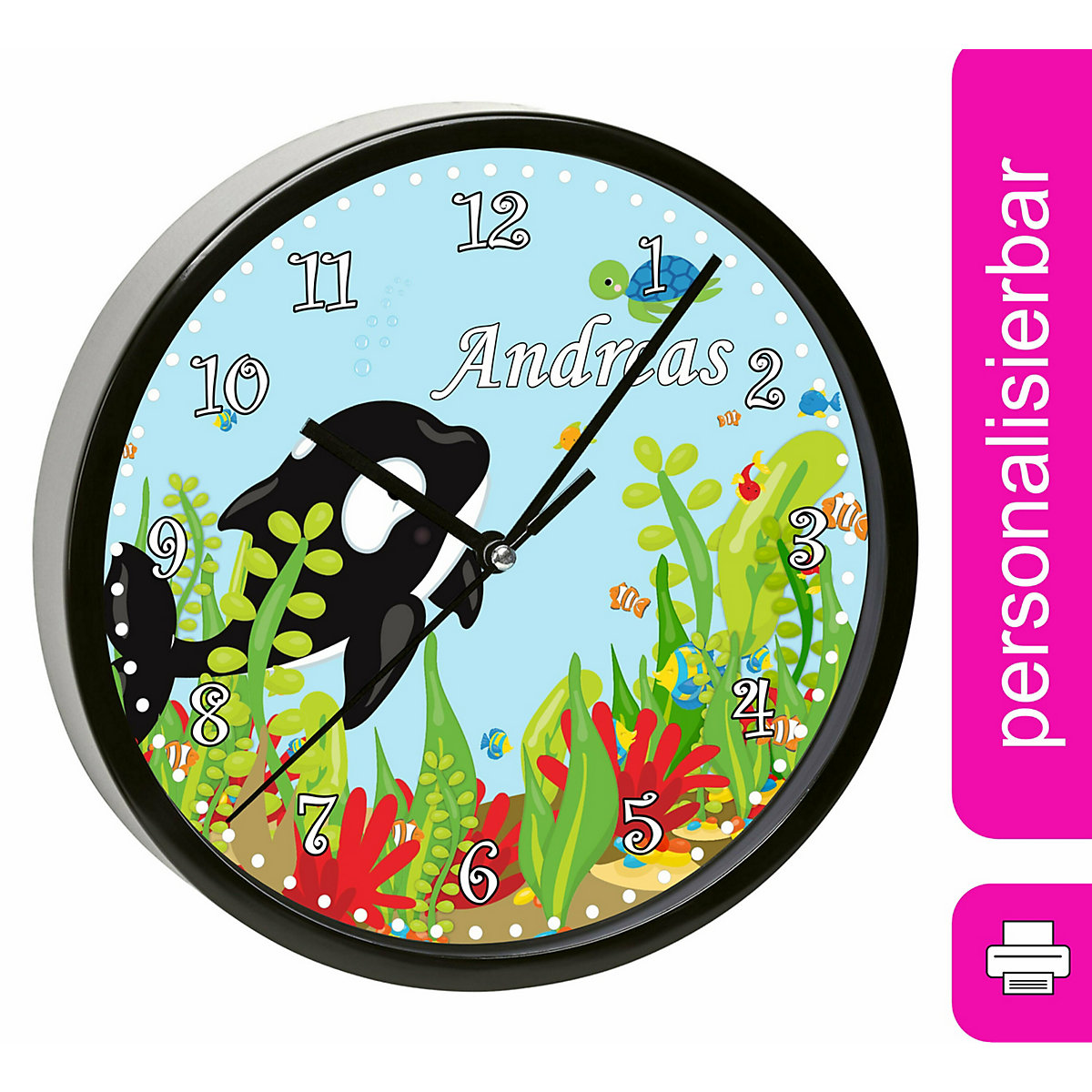 Kinder Wanduhr laufruhig personalisiert mit Name Unterwasserwelt