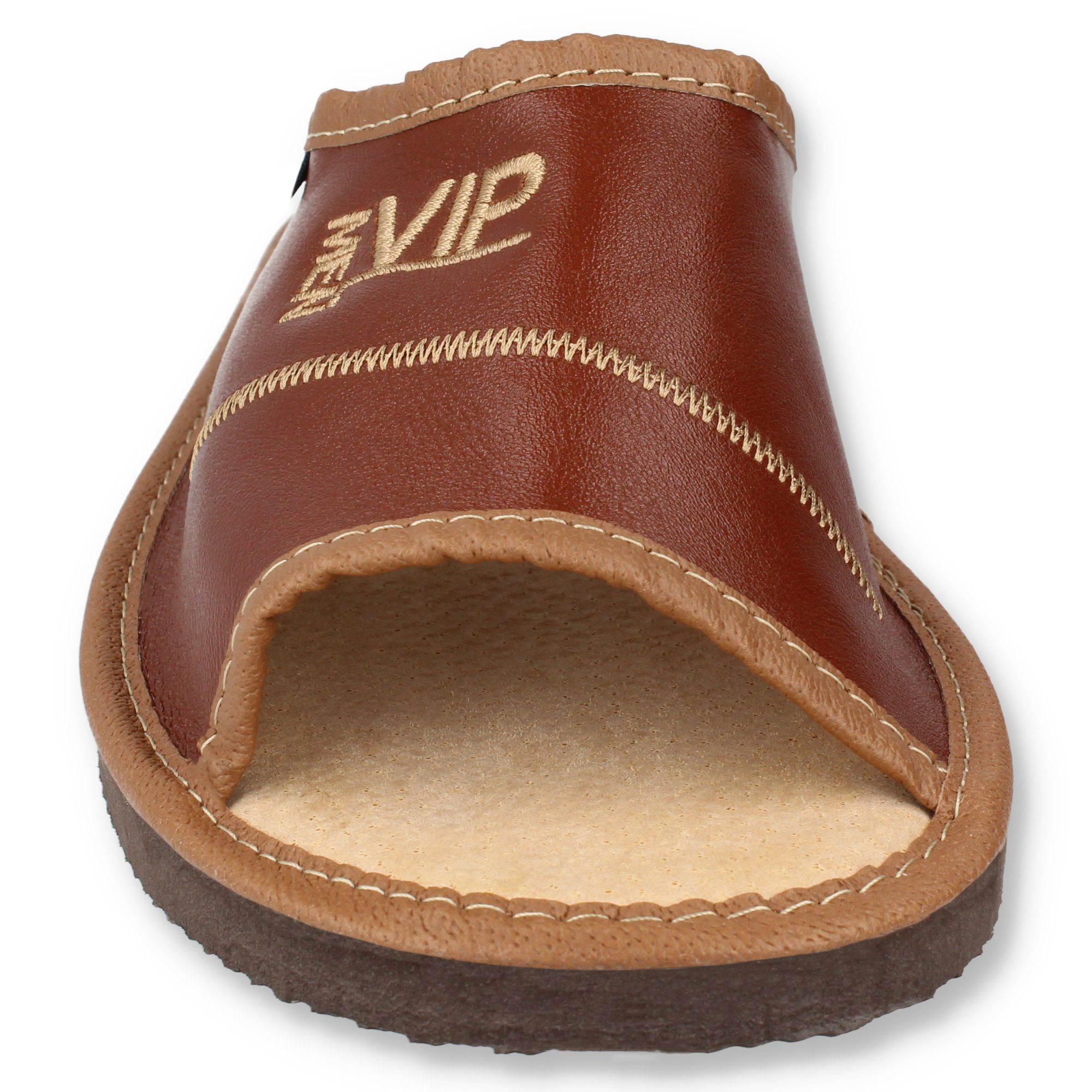 filsko Hausschuhe Herren VIP MEN Schwarz, Braun Größe 40-50 Hausschuh Obermaterial aus Leder, VIP MEN Stickerei, In zwei verschiedenen Farben erhältlich, Offen, Leicht profilierte Laufsohle, EVA Laufsohle