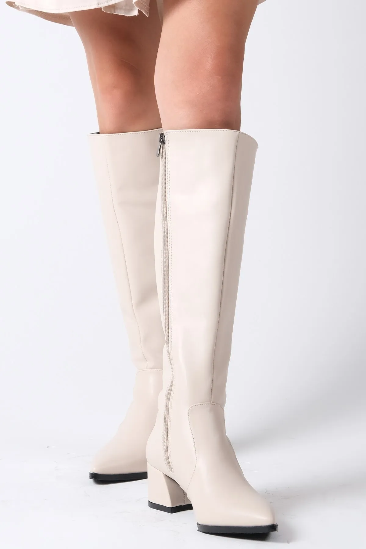 Mio Gusto  Mila Beigefarbene Damenstiefel mit spitzem Zehenbereich und seitlichem Reißverschluss und dünnem Pelzfutter