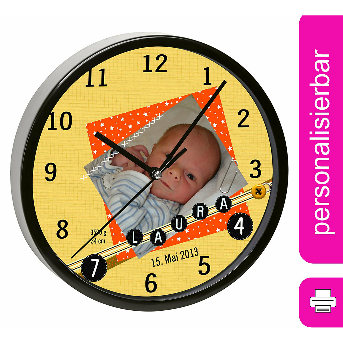 Kinder Wanduhr personalisiert mit Name Scrapbooking orange