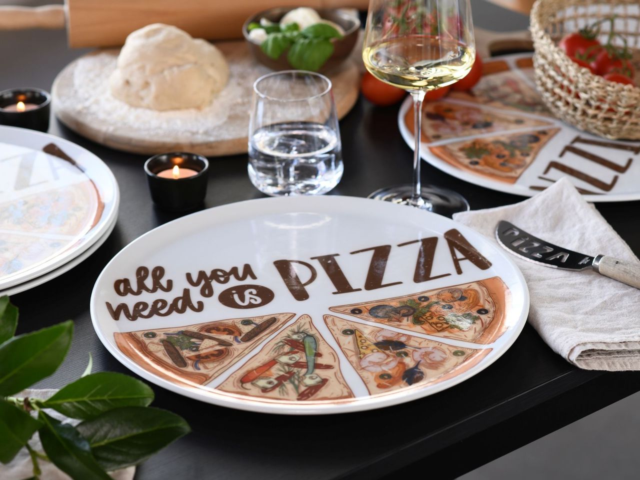 CreaTable Pizzateller Set ALL YOU NEED, 6-teiliges Geschirrset, Pizzateller aus Porzellan