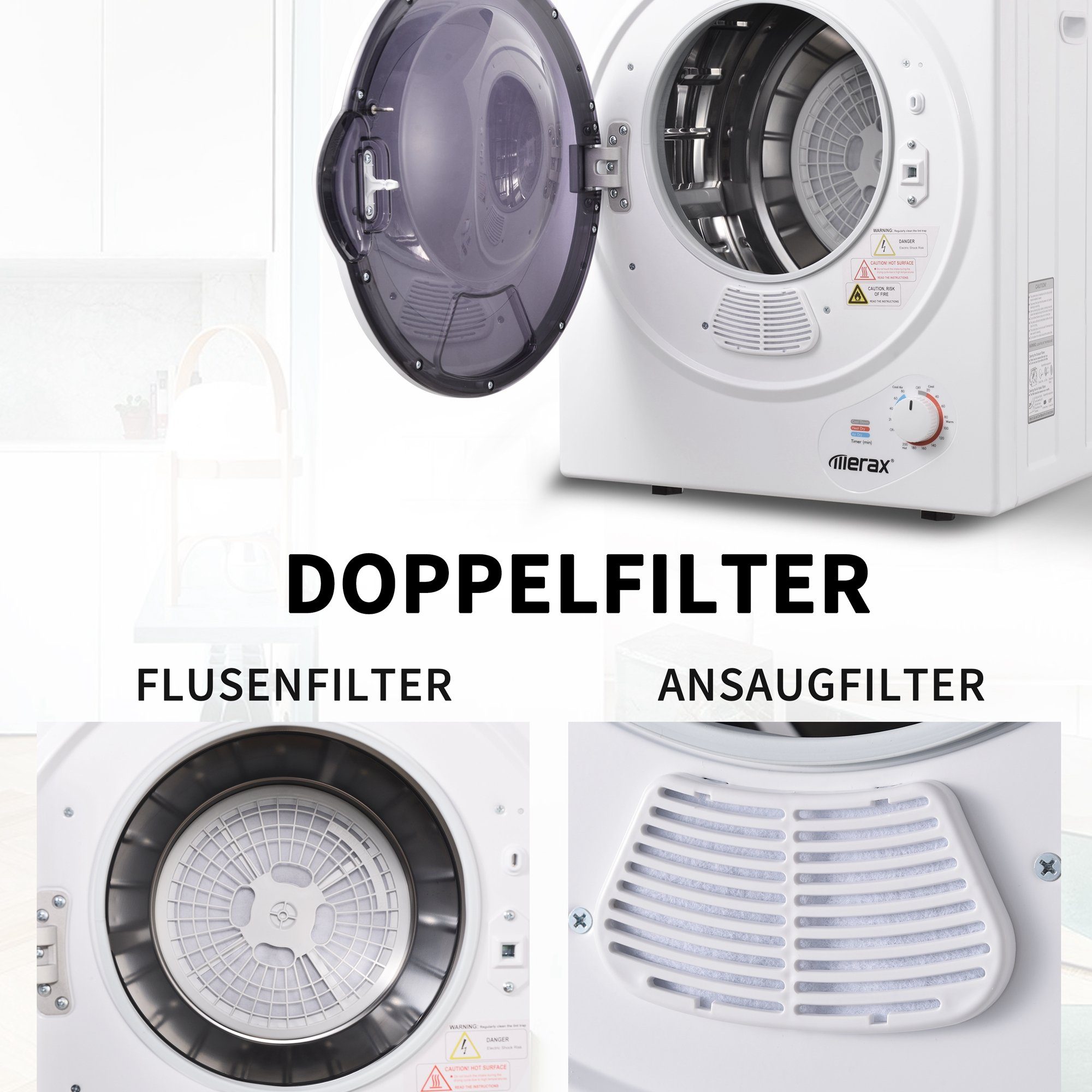 Merax Ablufttrockner mini-Wäschetrockner, PTC-Heizelement, Wärmewahl bis 65 °C, Frontlader, 2.5 kg, Doppelte Filterung, freistehend/hängend, Timer 20 bis 200 Minuten