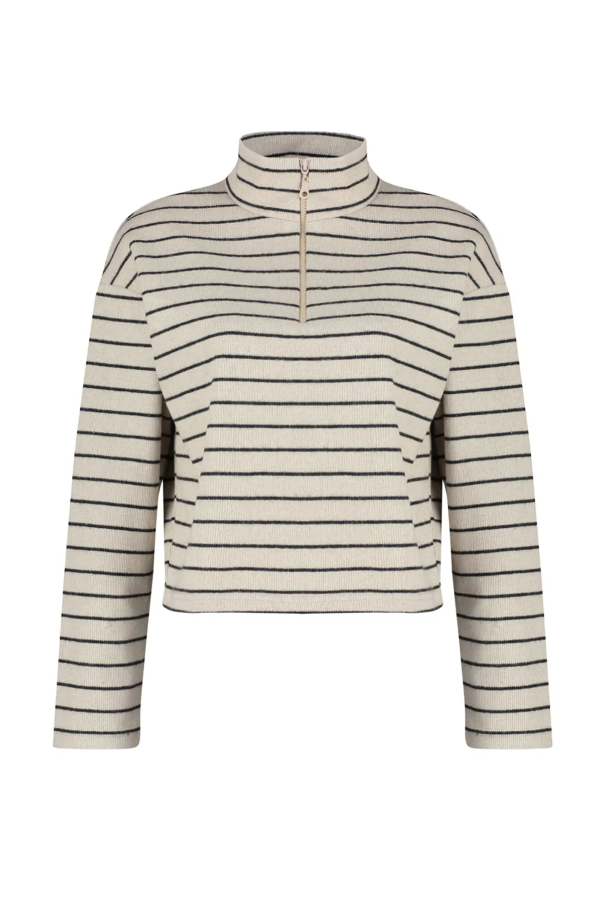 Trendyol Collection  Hellbeige gestreiftes Thessaloniki-Sweatshirt mit Reißverschluss und Stehkragen, reguläre/normale Passform, TWOAW22SW0732