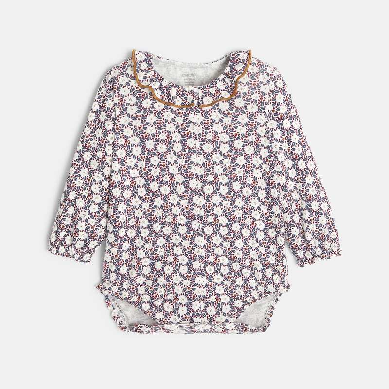Body coton fleuri col à volants rose naissance