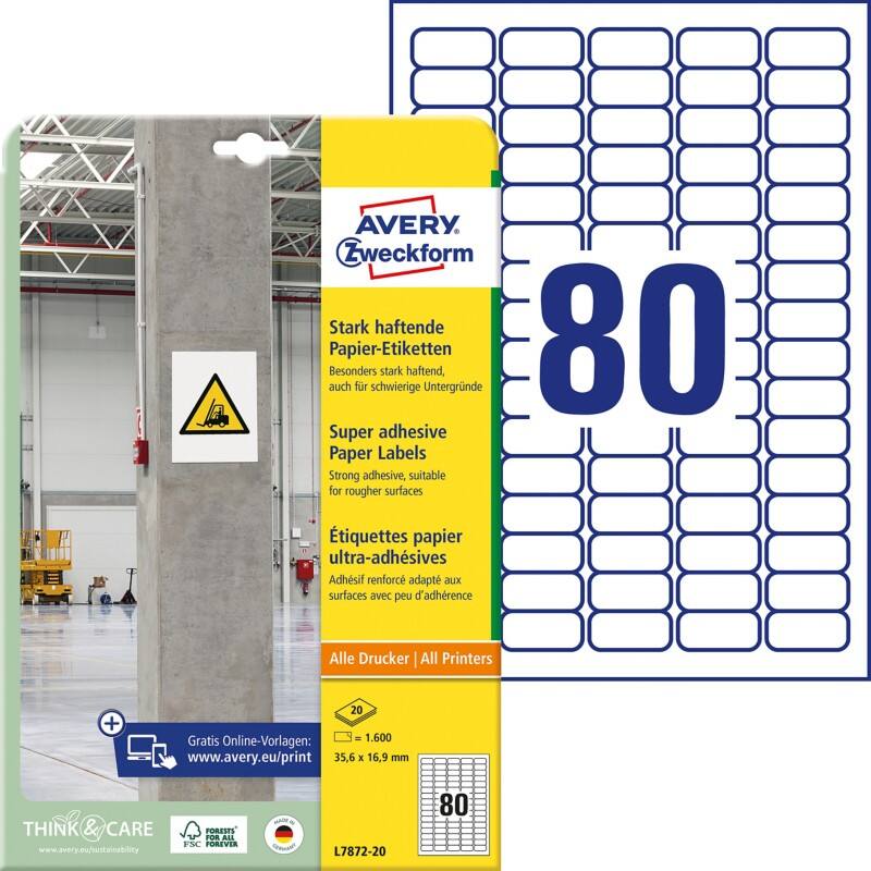 AVERY Zweckform Stark haftend Etiketten L7872-20 Selbsthaftend DIN A4 Weiß 35,6 x 16,9 mm 20 Blatt à 80 Etiketten