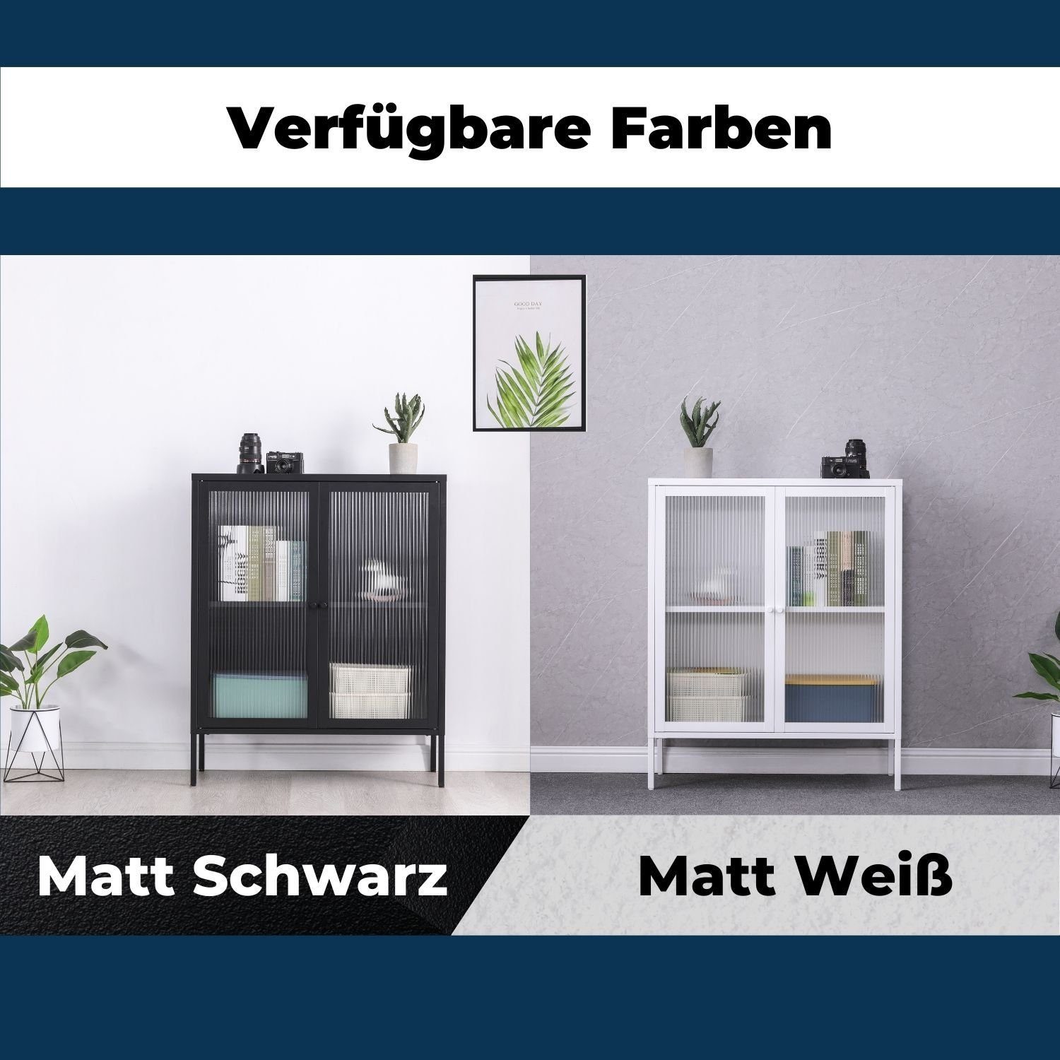 Coemo Highboard, Tokio Weiß Metall, 2 Glastüren, Einlegeboden - langlebig & elegant