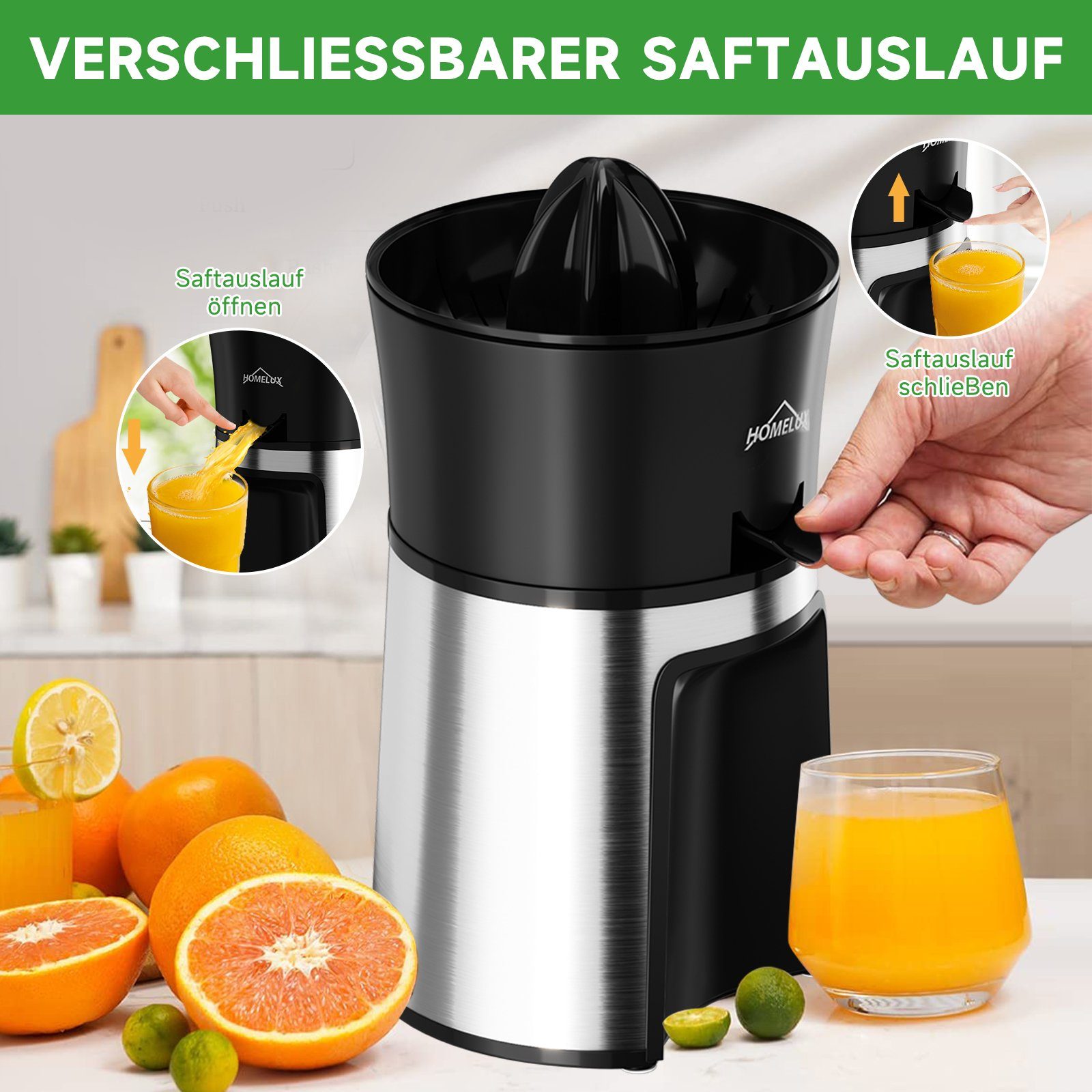HOMELUX Zitruspresse Edelstahl Zitronenpresse Elektrisch, Mit 2 Kegel, 30,00 W, Saftpresse mit 2 Drehrichtungen, für unterschiedliche Fruchtgrößen
