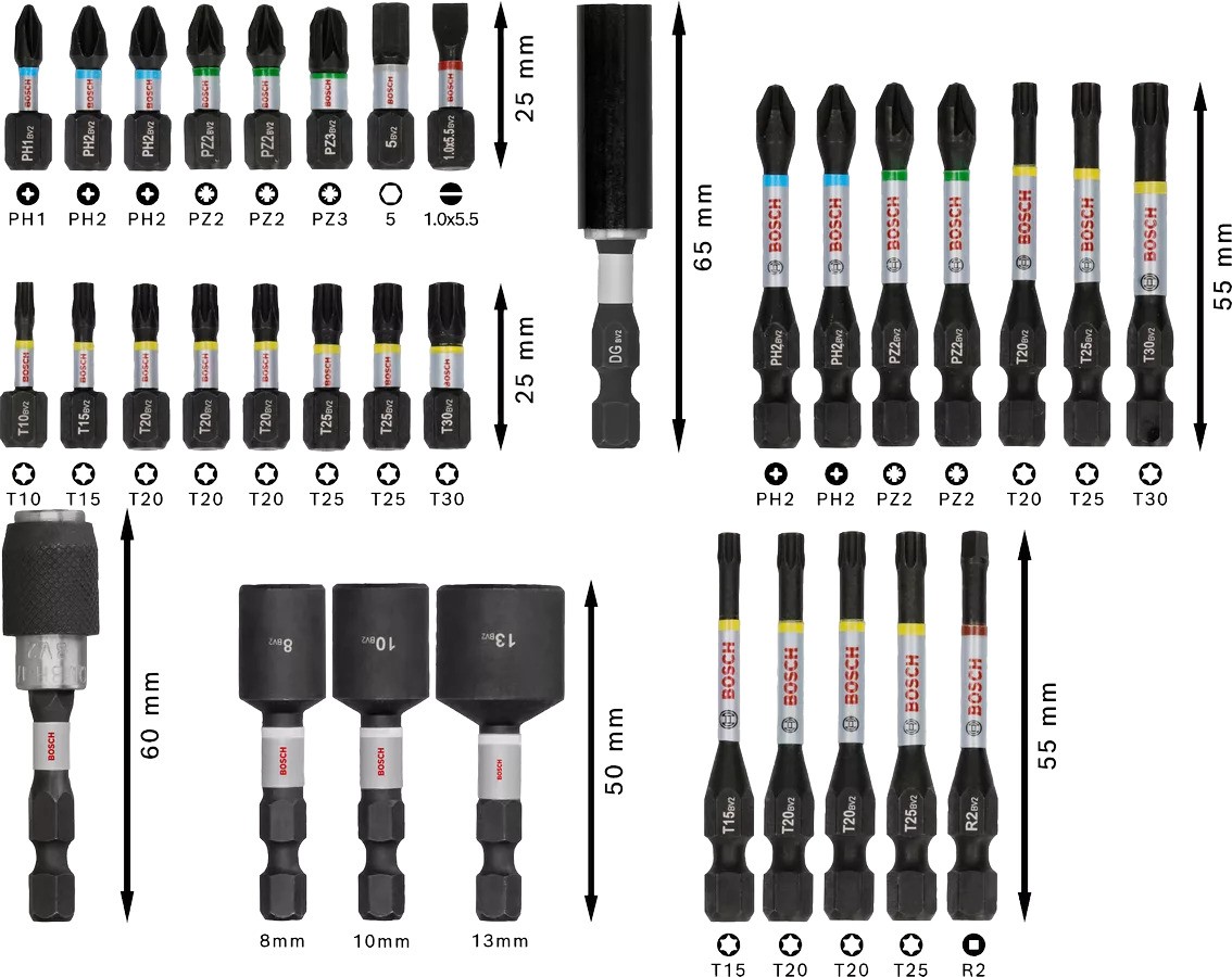 Set di punte per avvitatore a impulsi Bosch Blue Accessories 2608521U76 PRO, 33 pezzi
