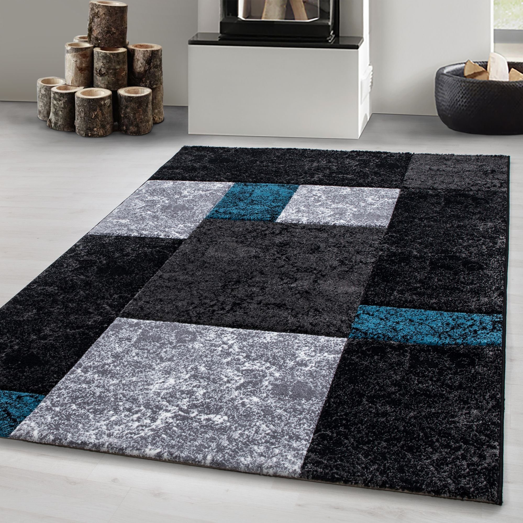 Frisé-Teppich Kariert Design, Carpetsale24, Rechteckig, Höhe: 13 mm, Designer Wohnzimmer Teppich Kurzflor Konturenschnitt Kariert Design