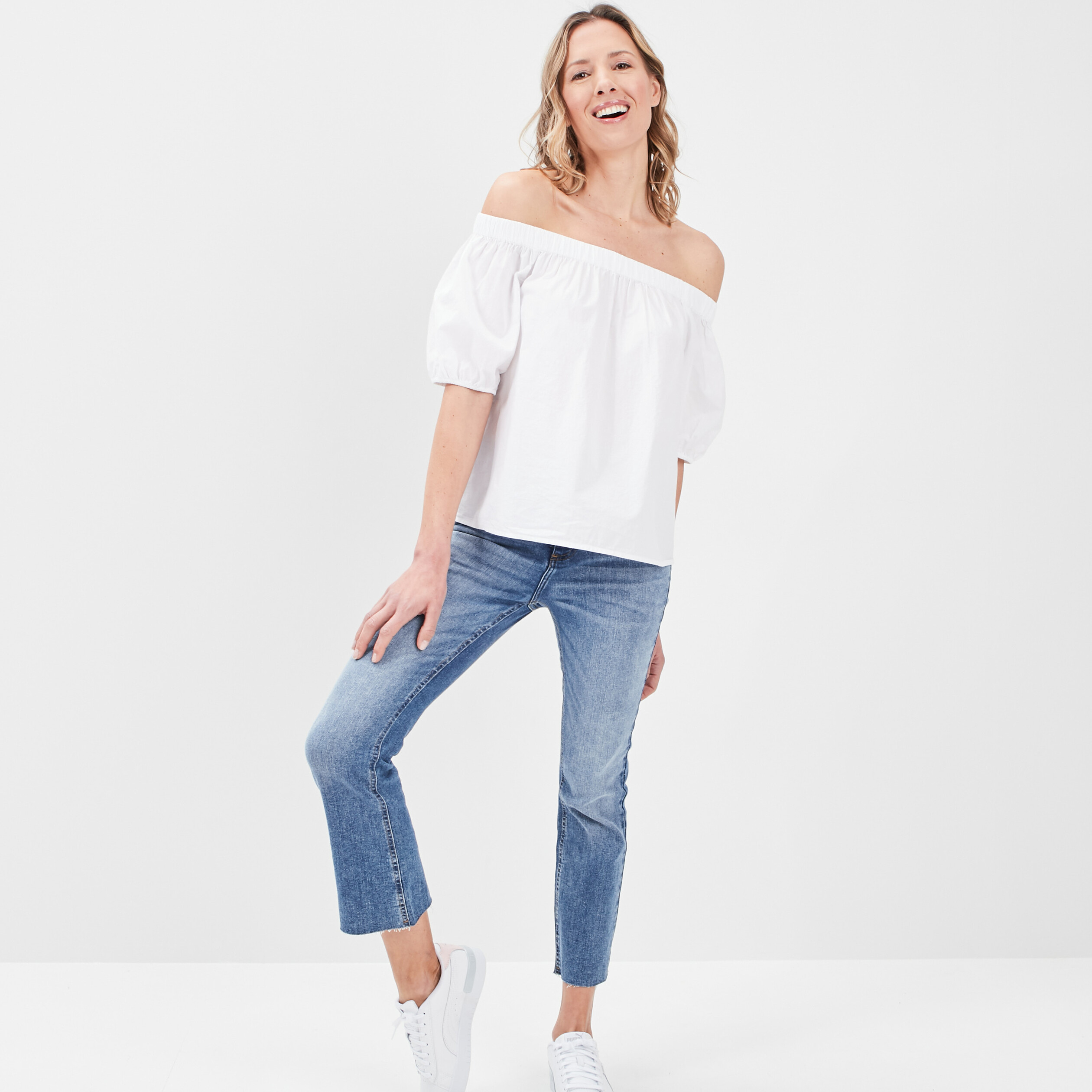Blouse col bardot manches 3 4 blanc femme | La Halle