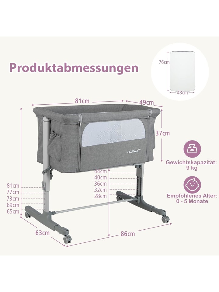 COSTWAY 3 in 1 Beistellbett in Grau günstig kaufen onesize