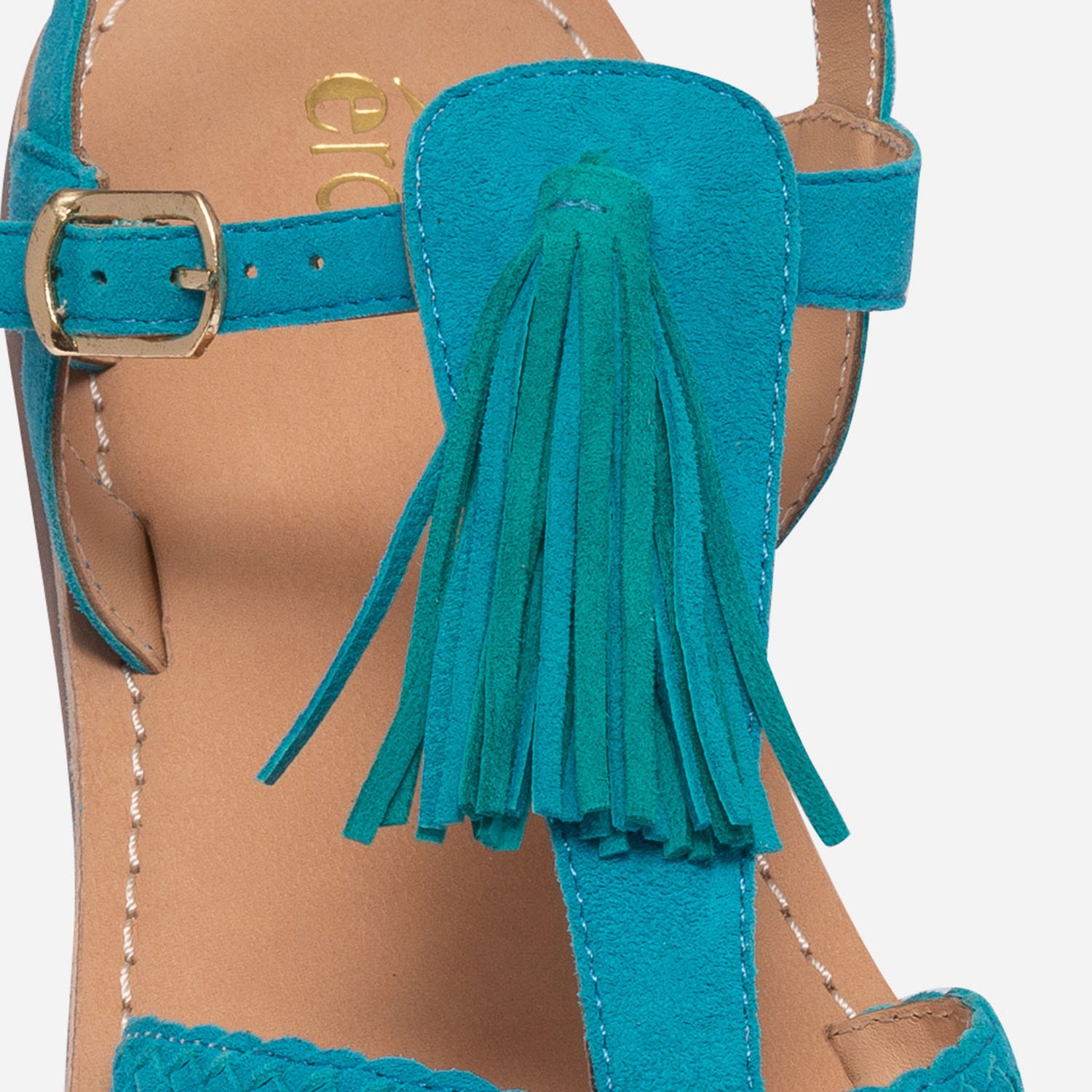 Sandale turquoise en cuir velours avec pampille