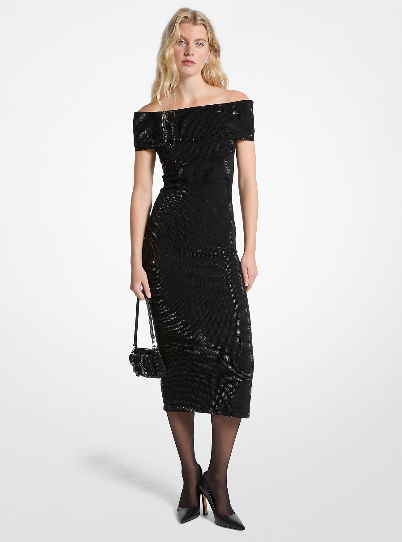 Embellished Stretch Knit Off-The-Shoulder Dress - BLACK