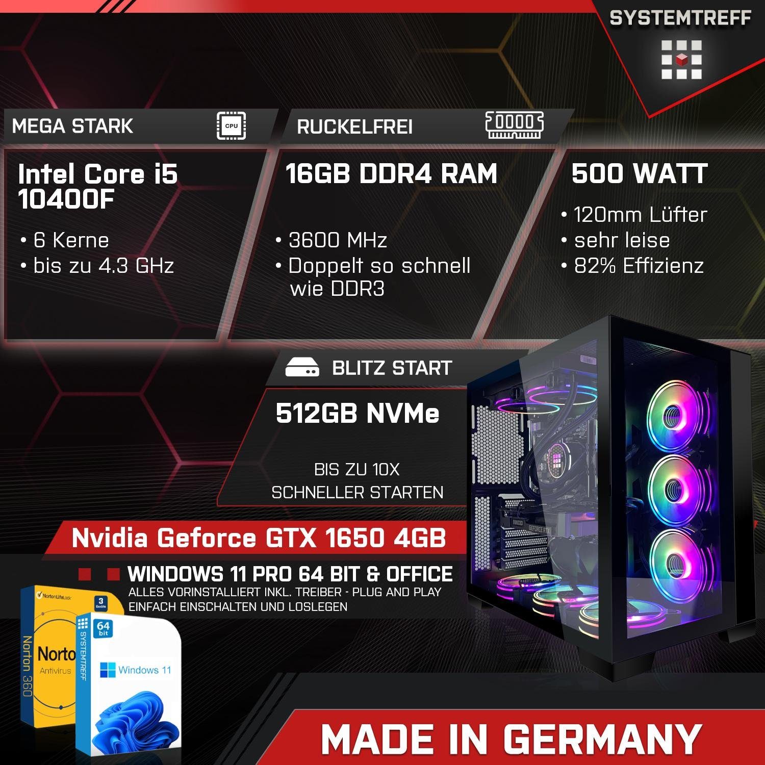 SYSTEMTREFF Gaming-PC (Intel Core i5 10400F, GeForce GTX 1650, 16 GB RAM, 512 GB SSD, Luftkühlung, Windows 11, WLAN)