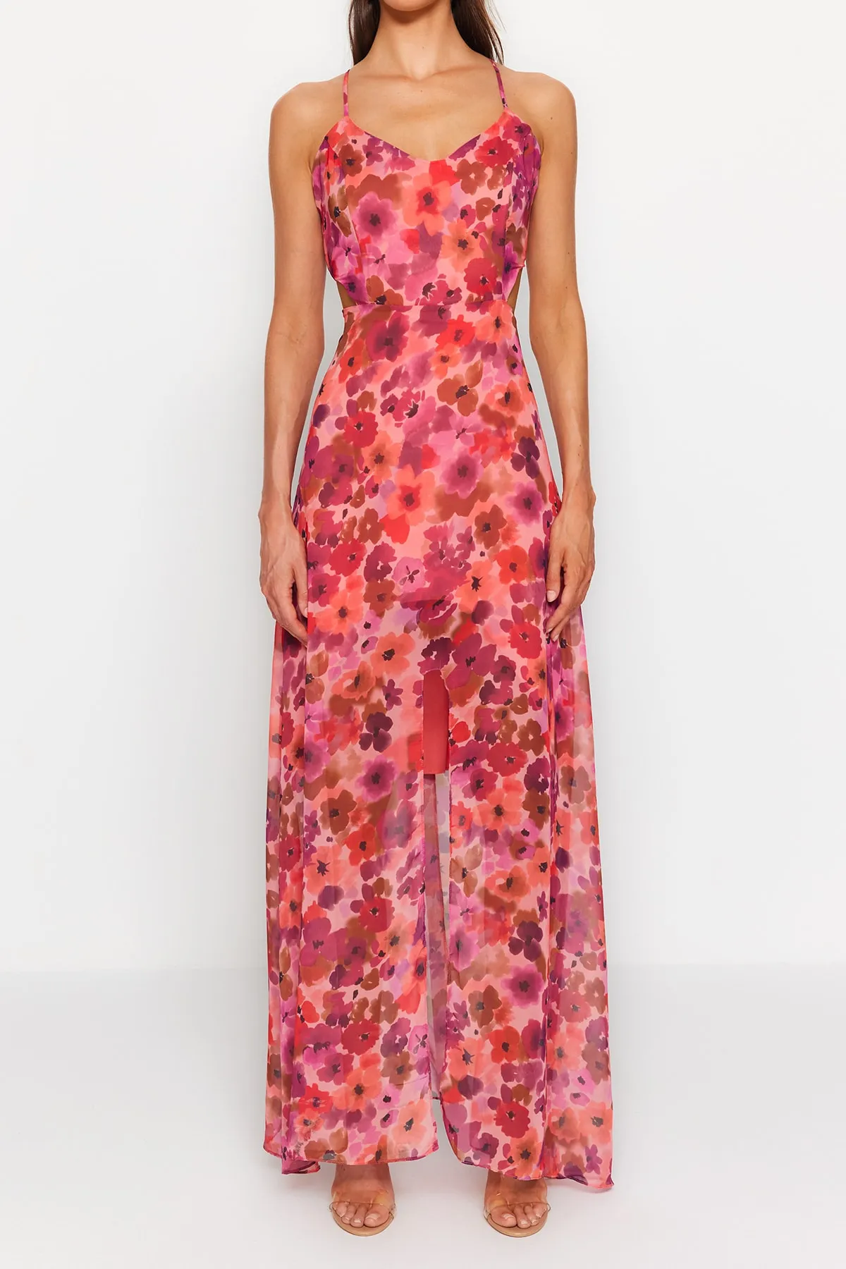 Trendyol Collection  Fuchsiafarbenes A-Linien-Maxi-Webkleid mit gefüttertem Fenster/Ausschnitt und detailliertem Blumendruck TWOSS20EL1270