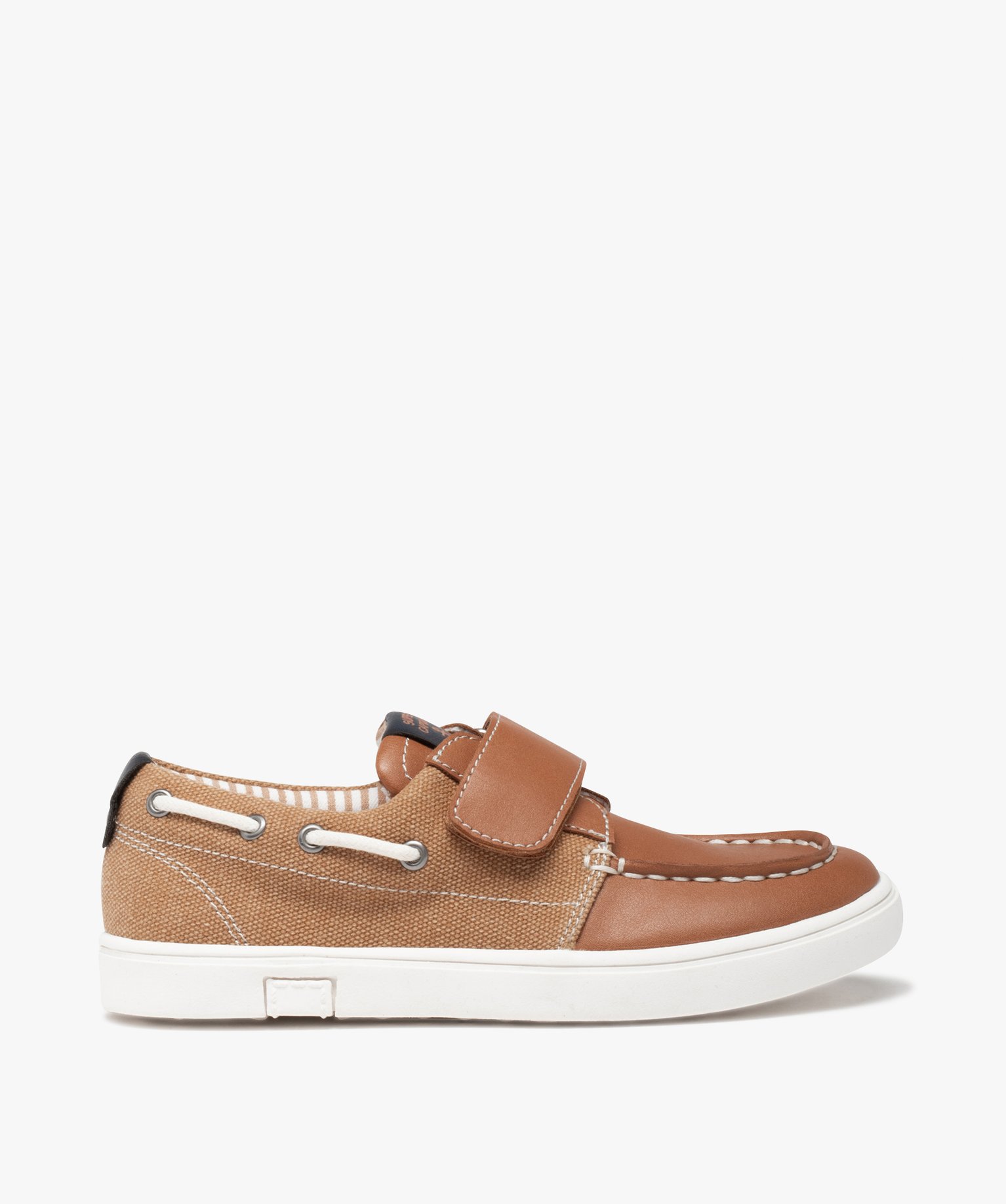 Chaussures bateau Garçon unies bi-matières à scratch camel | GEMO