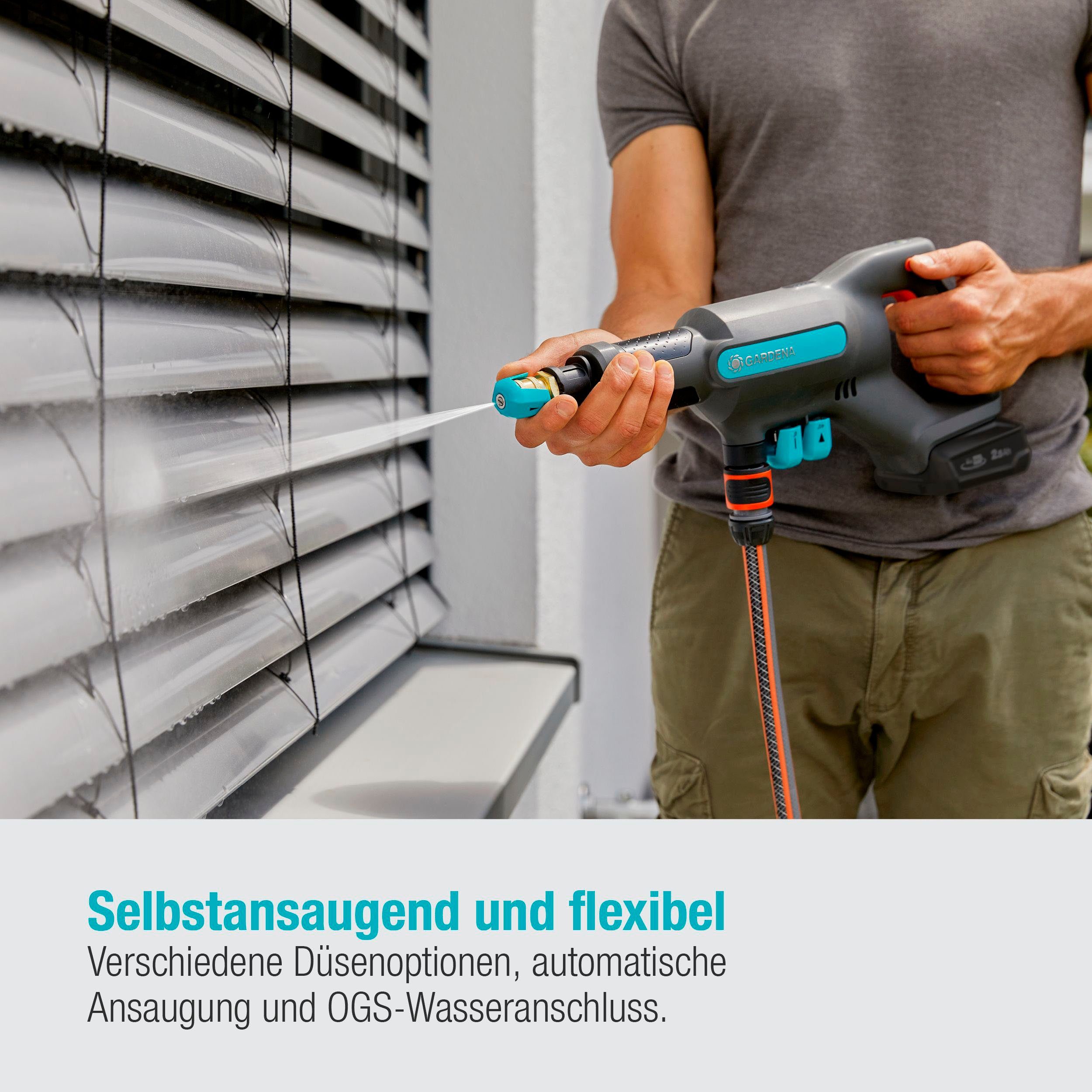 GARDENA Akku-Mitteldruckreiniger AquaClean 24/18V P4A, Druck max: 24 bar, Fördermenge max: 250 l/h, (Set, 5 tlg), mit Akku und Ladegerät
