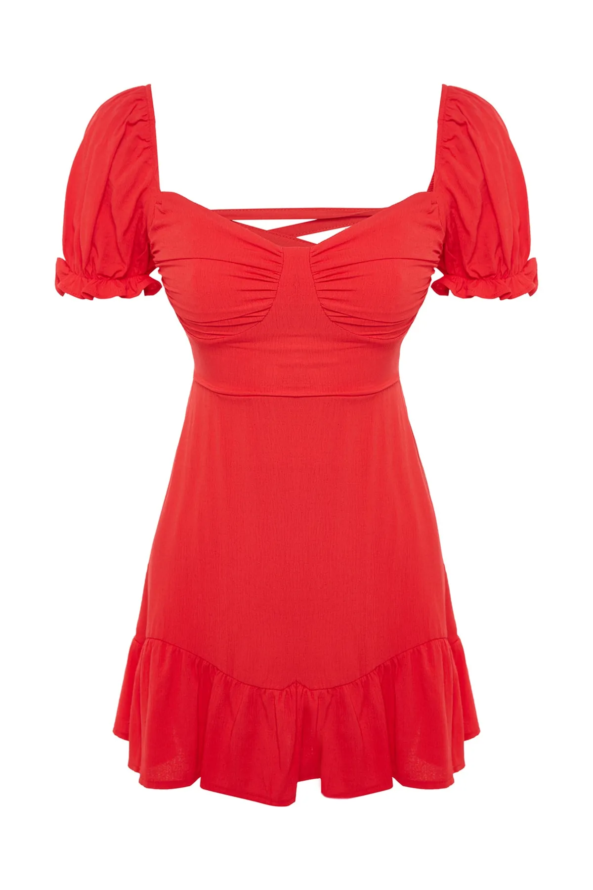 Trendyol Collection  Rotes, figurbetontes, drapiertes Mini-Strandkleid aus Webstoff TBESS23EL00052