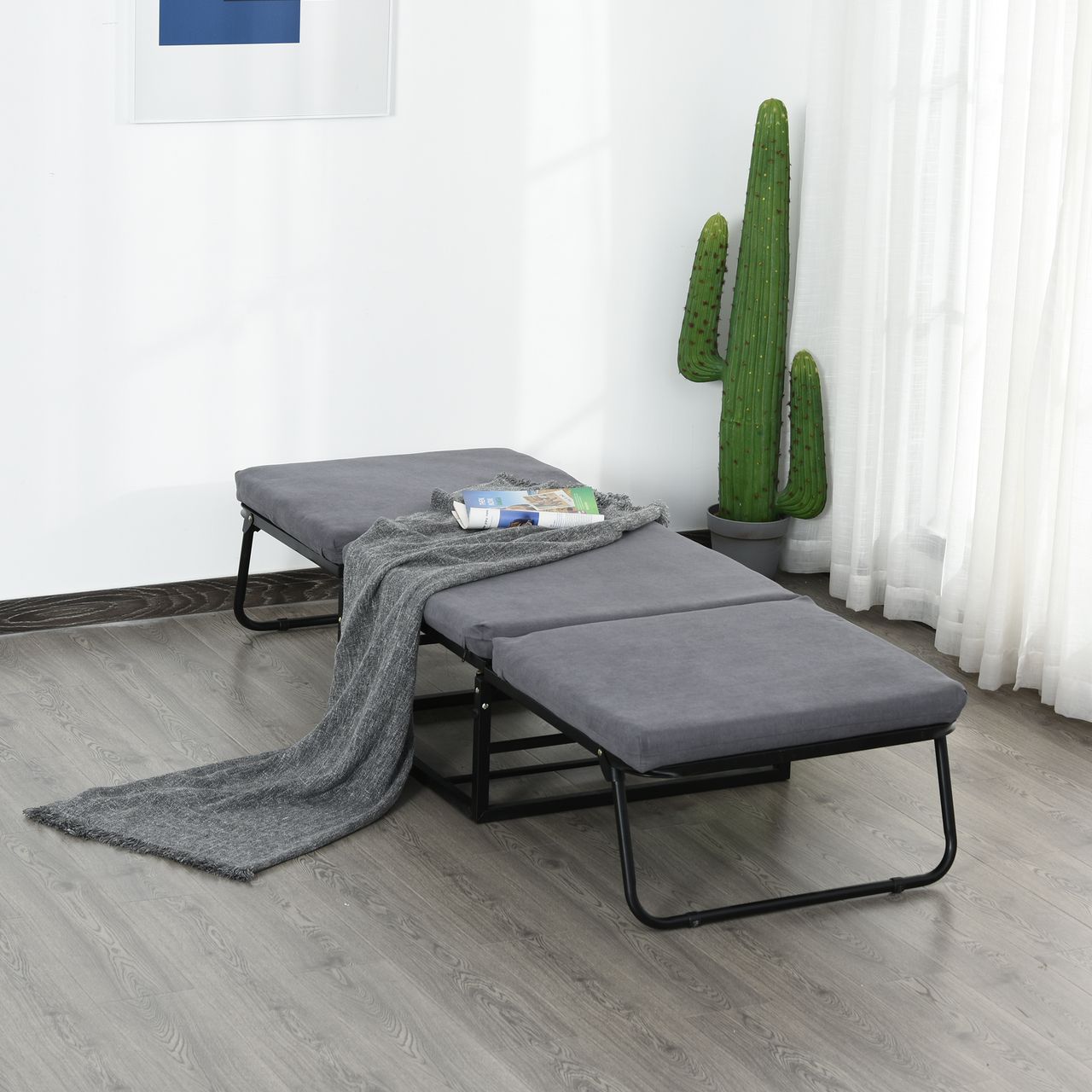 HOMCOM Gästebett klappbar, 2-in-1 Klappbett Hocker, Verstellbare Kopfteilhöhe, Polyester Stahl Schaumstoff, Grau, 192 x 68 x 37 cm