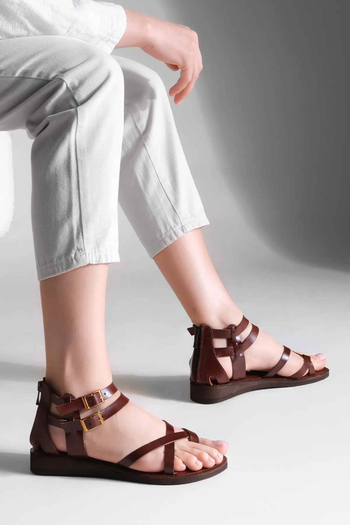 Marjin  Damen Echtleder Leichte Eva Sohle Flip Flop Alltagssandalen Zelos Rot Braun