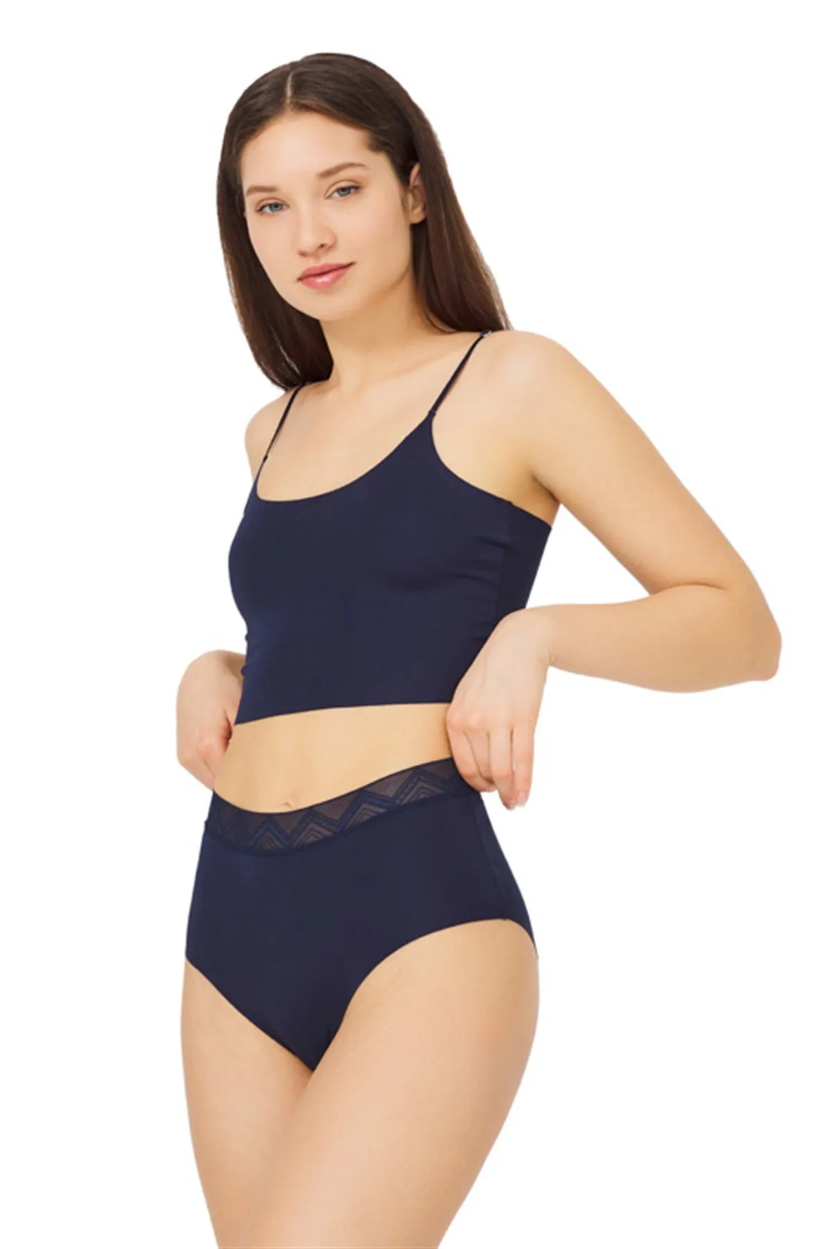 Cottonhill  Marineblau gemustertes, elastisches, lasergeschnittenes Bikinihöschen mit hoher Taille