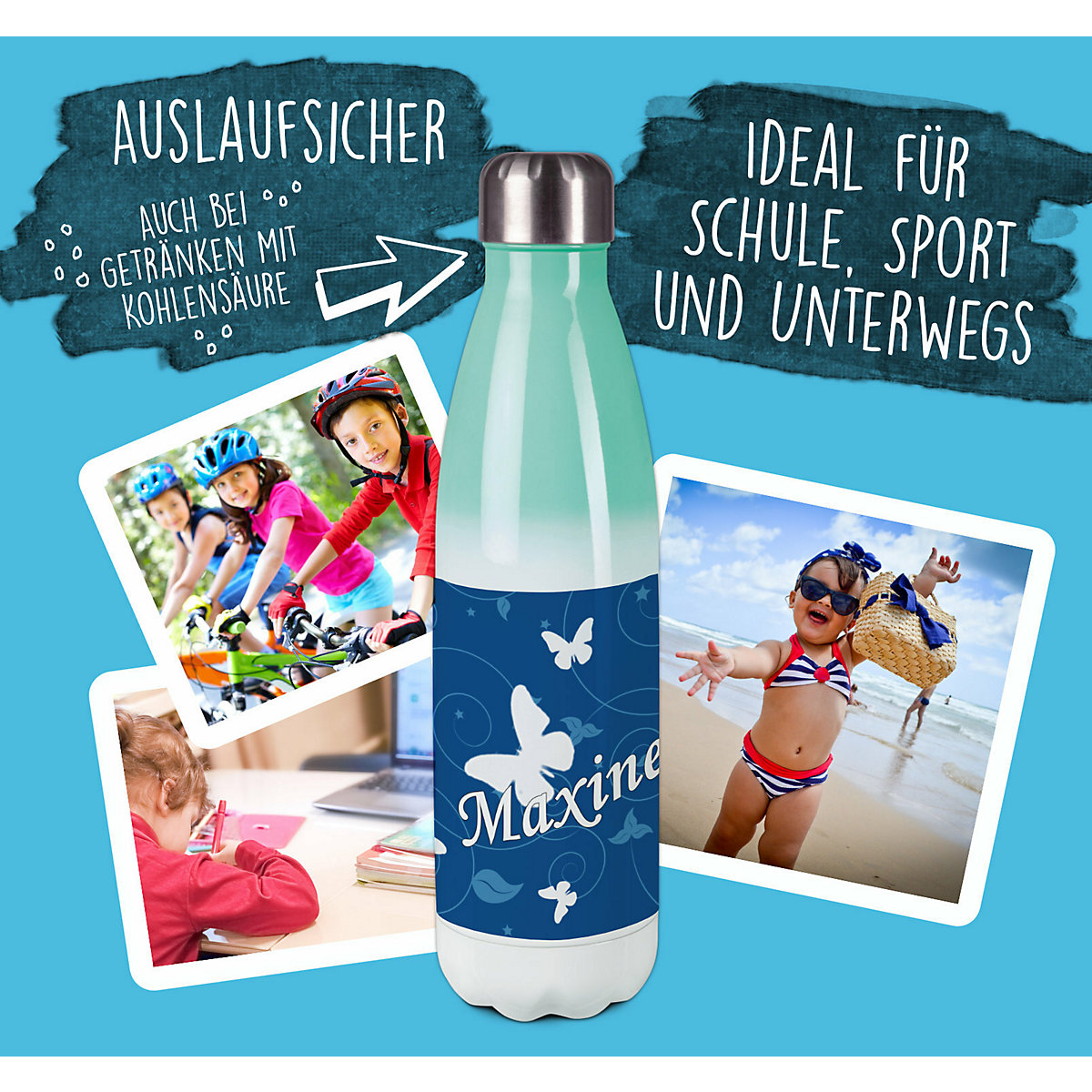 Edelstahl Kinder Thermoflasche / Trinkflasche bunt Schmetterling Ornamente Farbe blau Spülmaschinenfest, Auslaufsicher, Bruchfest, Doppelwandig, Für Heißgetränke geeignet, Mit Deckel, Isoliert