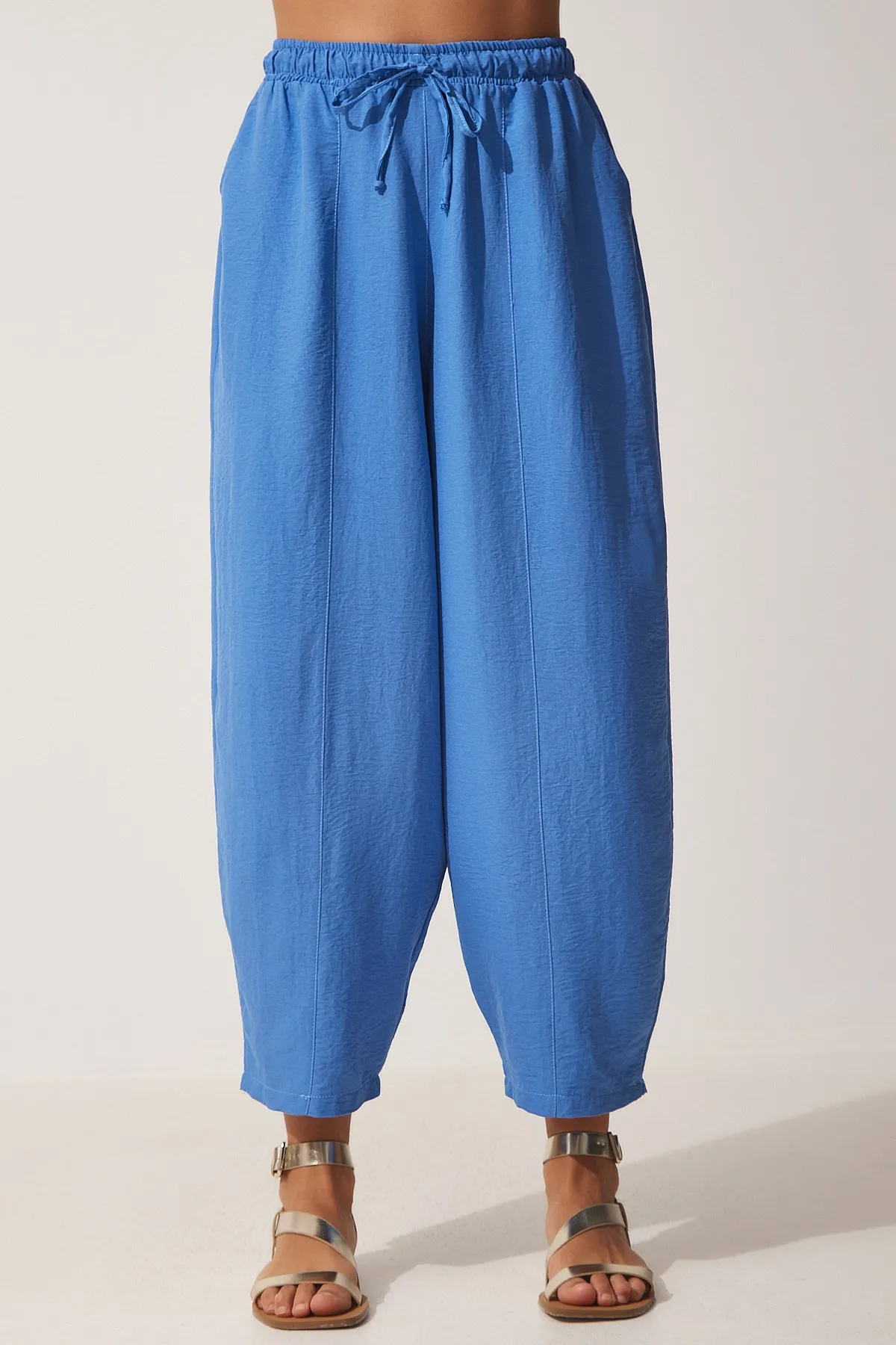 Happiness İstanbul  Blaue Shalwar-Hose aus Leinenviskose mit Taschen für Damen CV00001