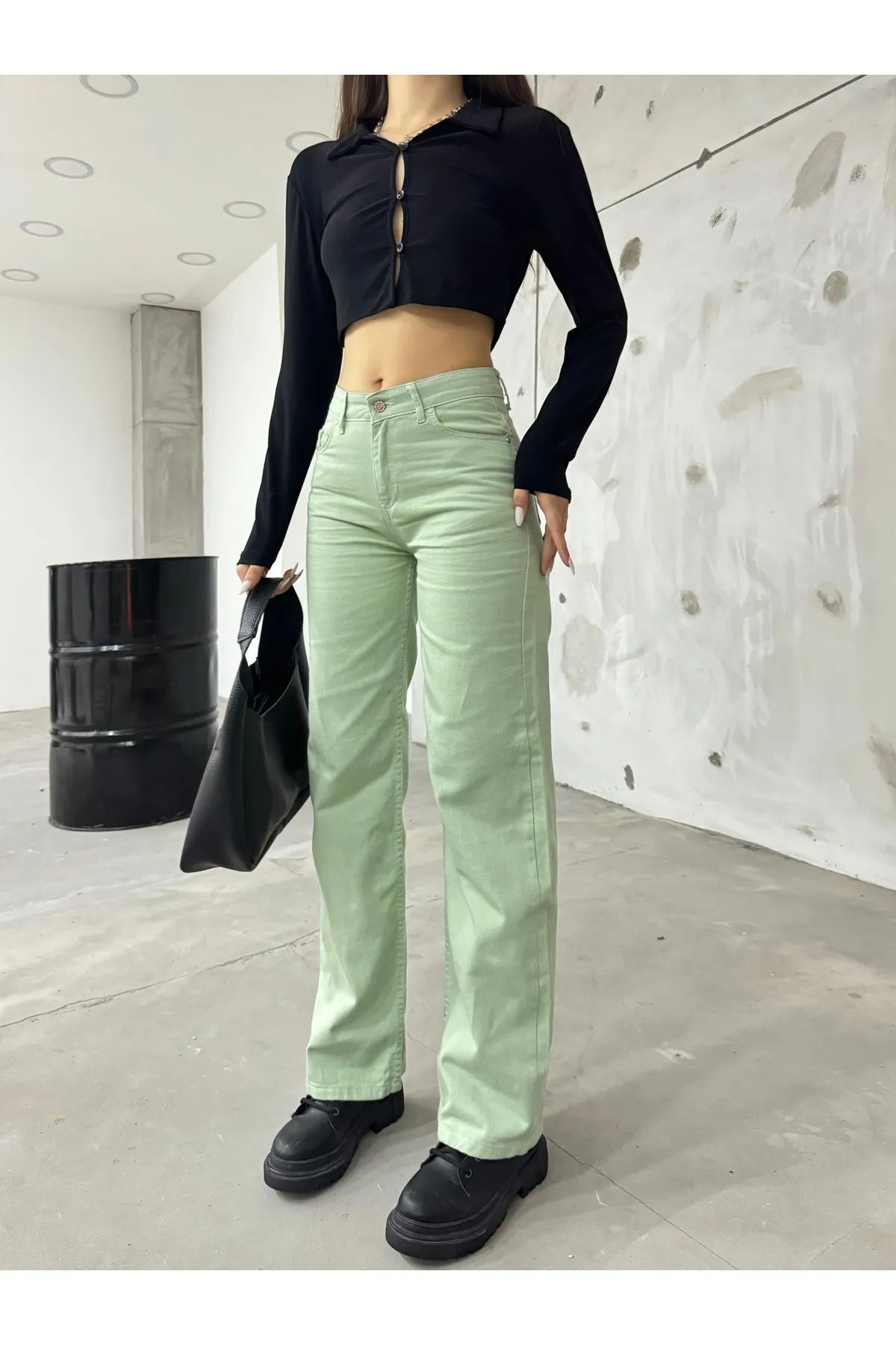 BİKELİFE  Aquagrüne Palazzo-Hose mit weitem Bein und hoher Taille für Damen