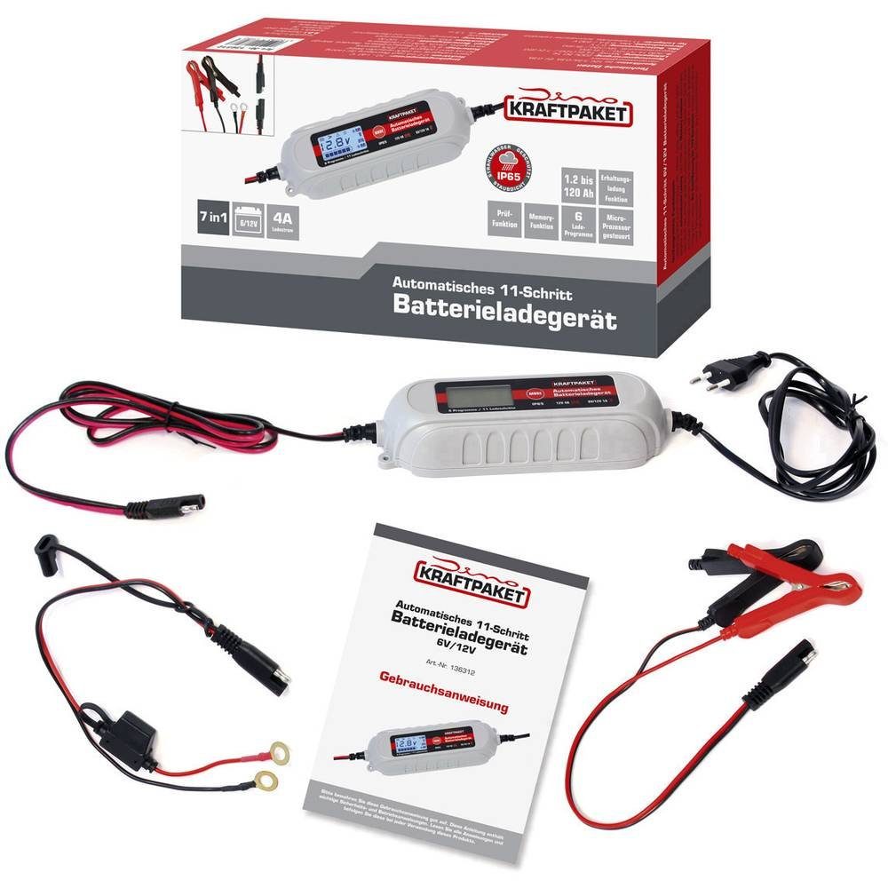 Dino KRAFTPAKET Automatikladegerät mit Batterietester & Autobatterie-Ladegerät (Akkutest, Auffrischen, Regenerieren, Ladeüberwachung)