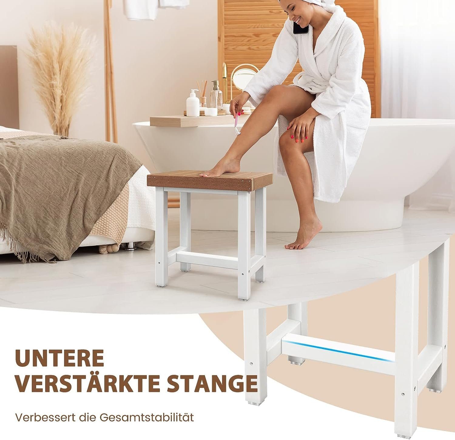 KOMFOTTEU Duschhocker 2-stufige Duschbank, mit Ablage, 46 x 32 x 49 cm