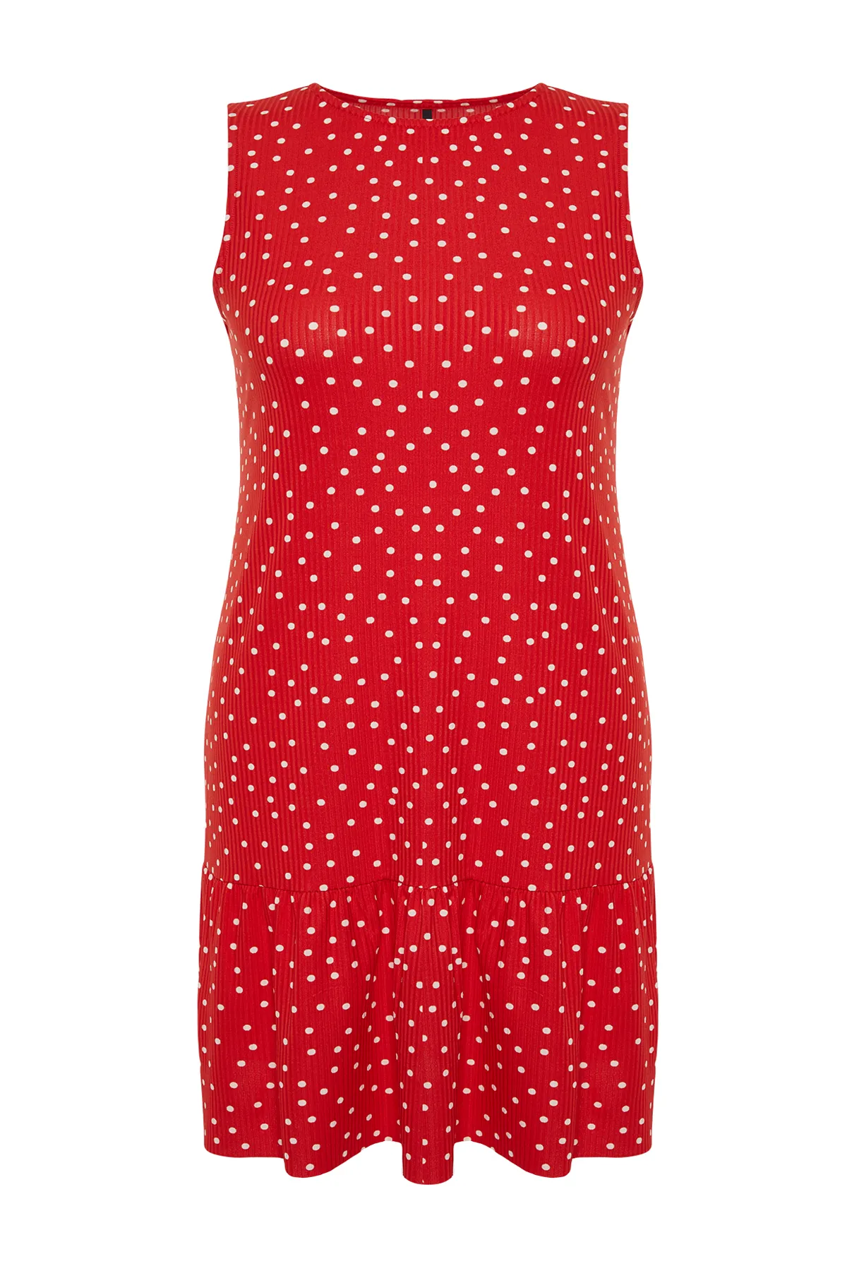 Trendyol Curve  Rotes, gepunktetes, ärmelloses, gerades Mini-Stretch-Strickkleid mit Volants und Volants TBSSS24AH00131