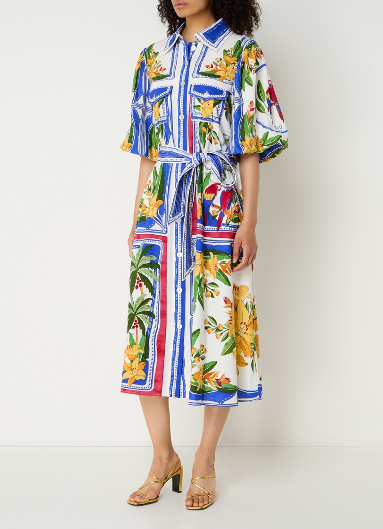 Rochie midi cămașă din amestec de in cu imprimeu floral „Farm Rio Tropical Destination”.