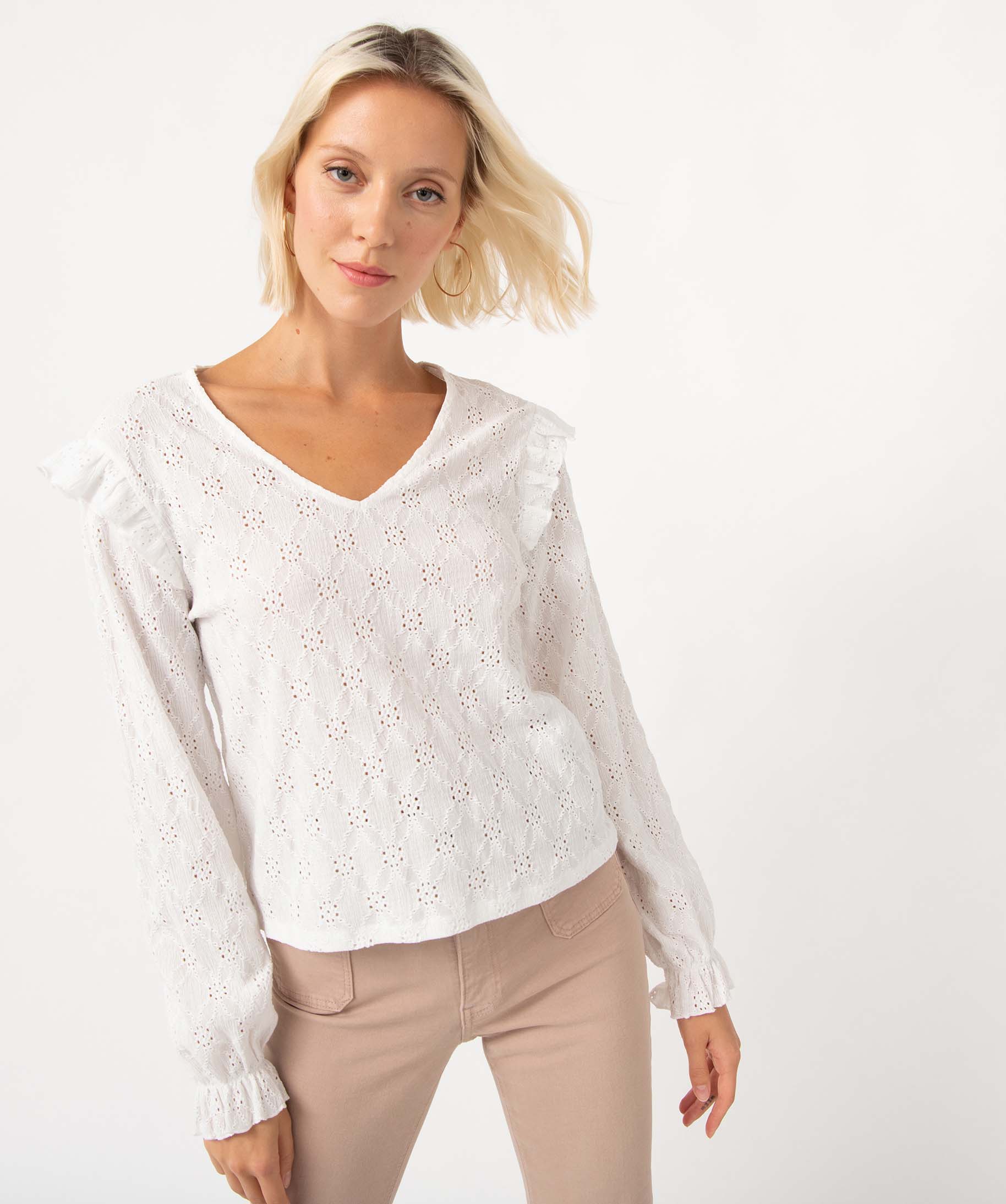 Tee-shirt femme à manches longues en maille ajourée ecru | GEMO