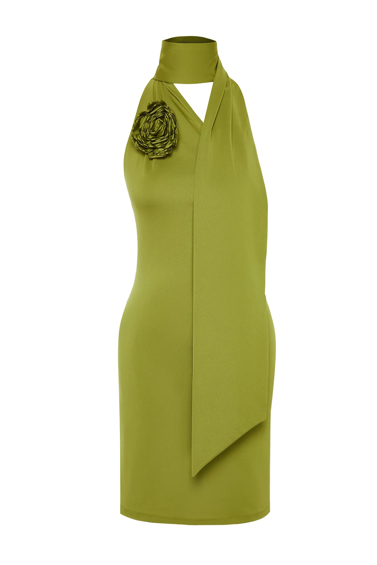 Trendyol Collection  Ölgrünes, körperbetontes, gestricktes, rosafarbenes, detailliertes, elegantes Abendkleid TPRSS24EL00095