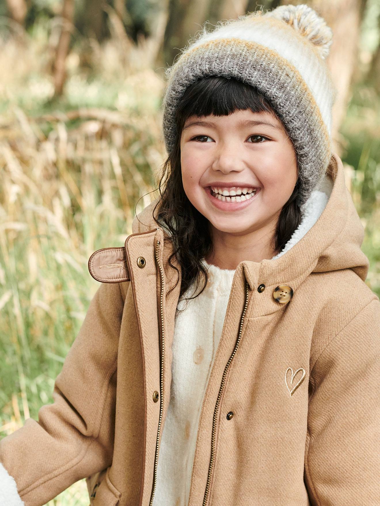 Manteau à capuche en drap de laine fille doublé sherpa chamois