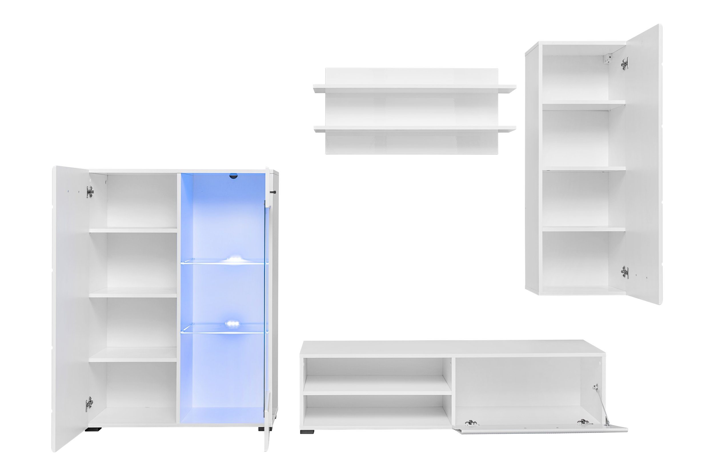Stylefy Wohnwand Spree Weiß, Weiß Hochglanz, (Wohnmöbel, Wohnzimmer-Set, Set (4-St), bestehend aus 1xStandvitrine, 1xHängevitrine, 1xLowboard, 1xWandboard, inkl. LED-Beleuchtung, mit Glaseinsatz,variabel stellbar und hängbar, Hochglanzfronten