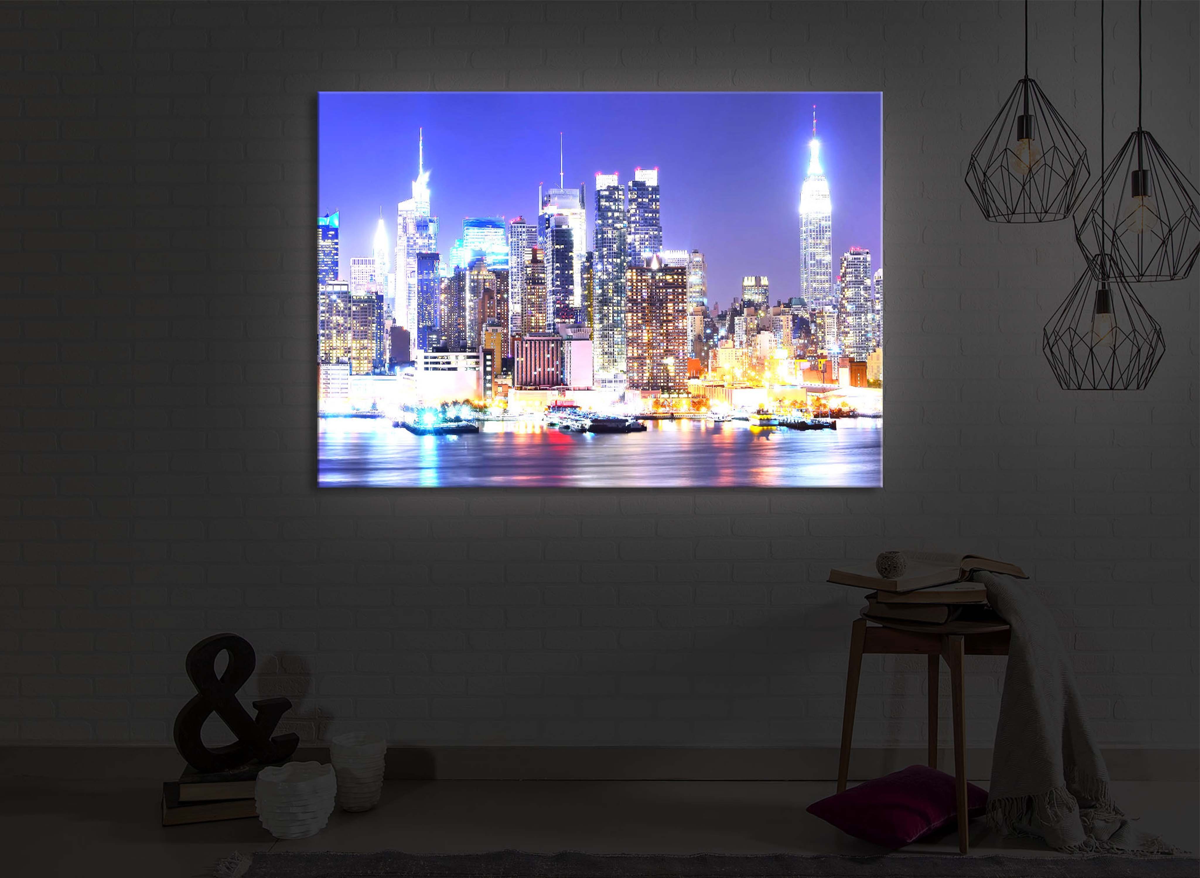 lightbox-multicolor LED-Bild New York City Skyline front lighted / 60x40cm, Leuchtbild mit Fernbedienung