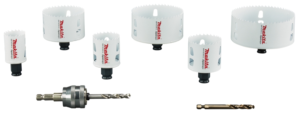 Conjunto de serras copo Makita E-15796 com 8 peças, tamanhos 35, 44, 54, 76, 95 e 114 mm, para madeira/metal, sistema Ezychange, em estojo.