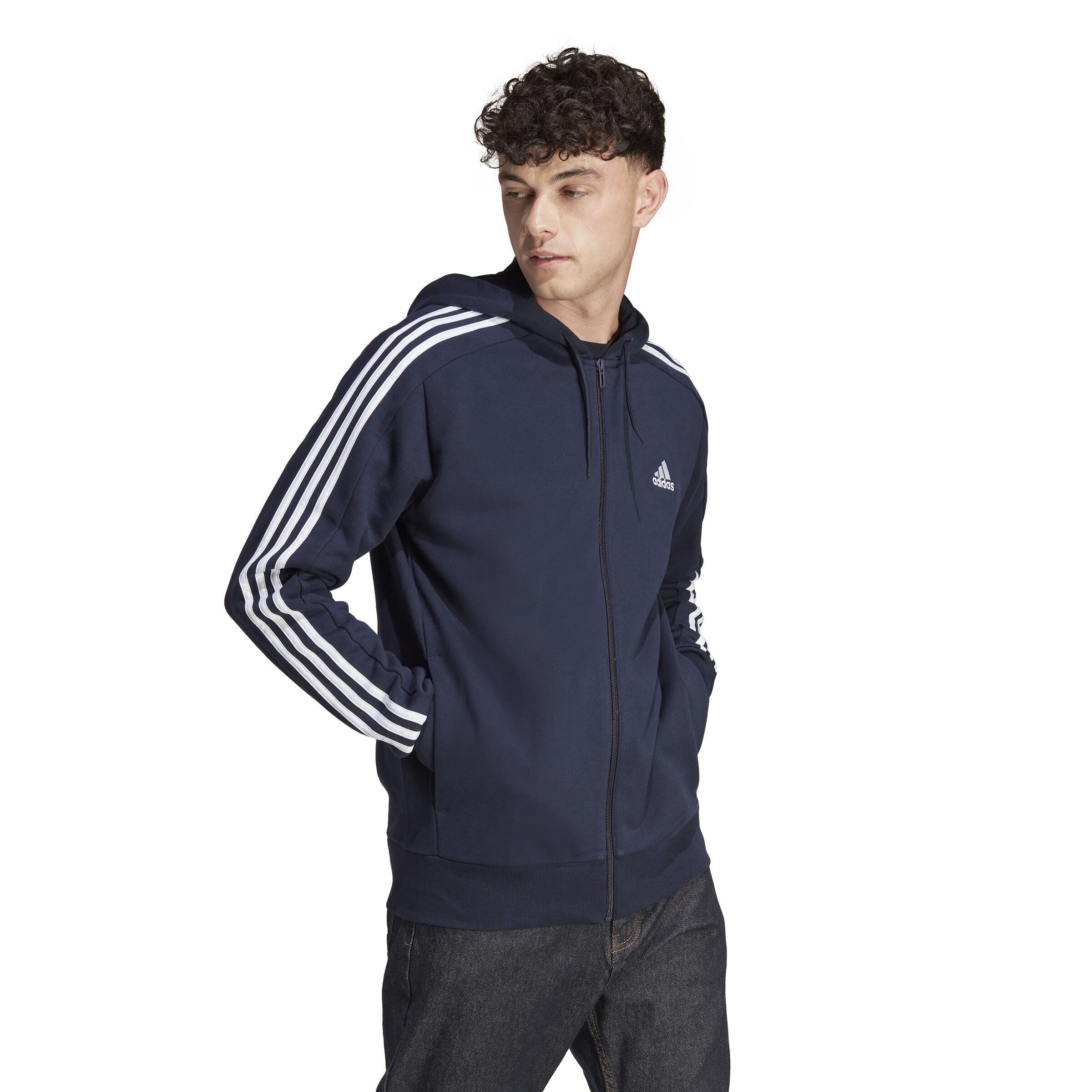 Essentials French Terry 3-Stripes Full-Zip Sweatjacke Herren - Dunkelblau, Weiß