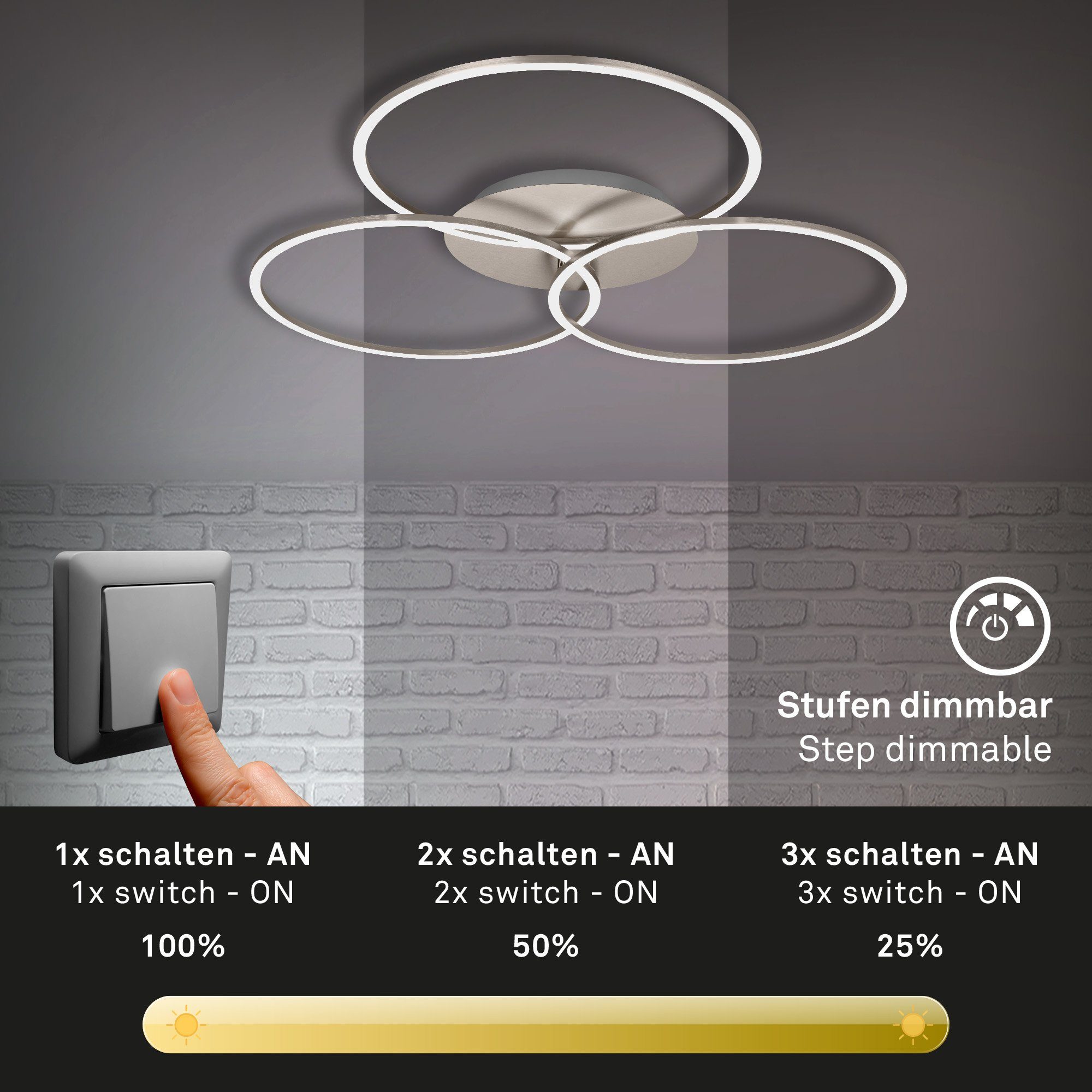 Briloner Leuchten LED Deckenleuchte 3090-012, dimmbar, schwenkbar, Speicherfunktion, LED fest verbaut, Warmweiß, Deckenlampe, 71,7x67,4x10,3cm, Matt-Nickel, 40W, Wohnzimmer, Flur