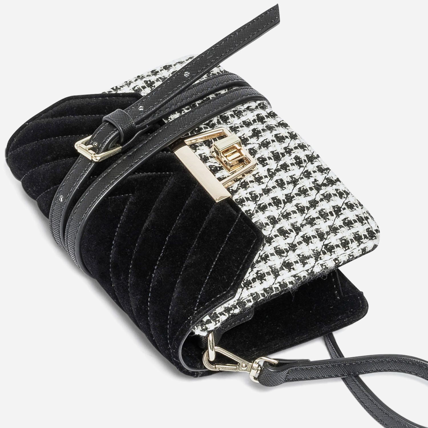 Sac à main TEXTO noir velours et textile façon tweed